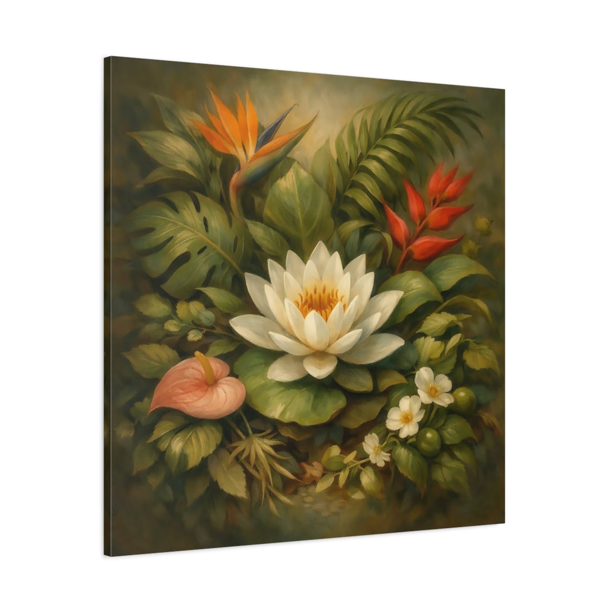 Main Mockup. Floral Water Lily Green And White Floral shown as stretched canvas wall art