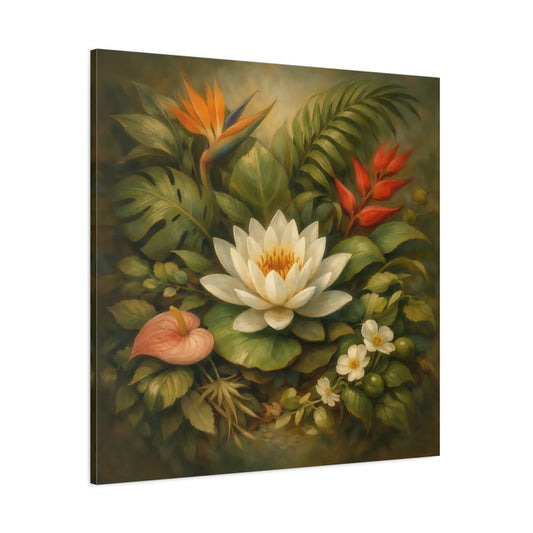 Main Mockup. Floral Water Lily Green And White Floral shown as stretched canvas wall art