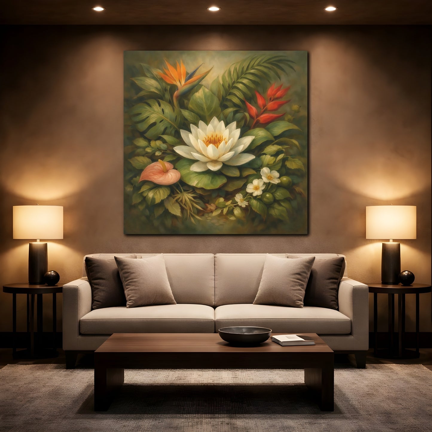 Mockup 2. Floral Water Lily Green And White Floral shown as stretched canvas wall art