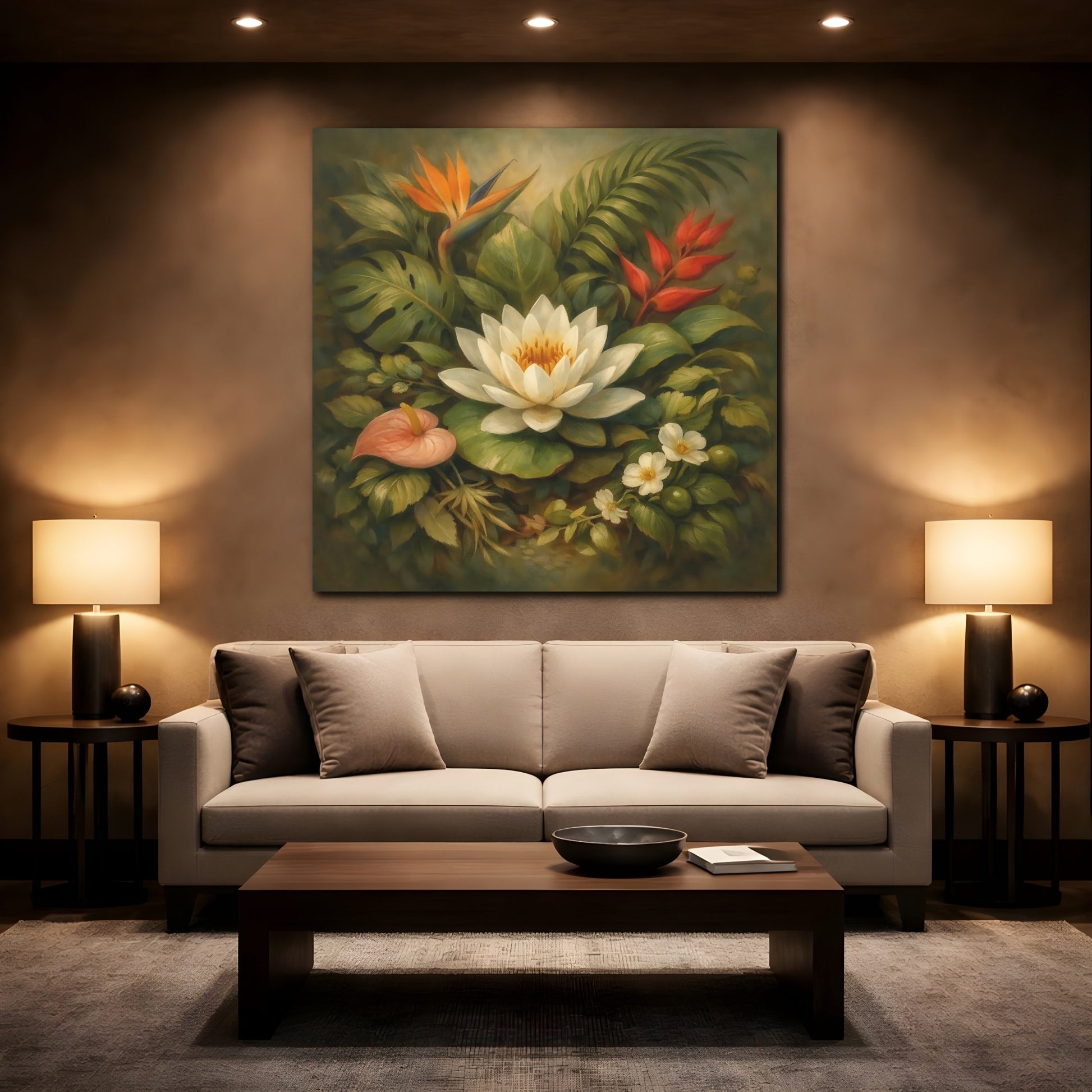 Mockup 2. Floral Water Lily Green And White Floral shown as stretched canvas wall art