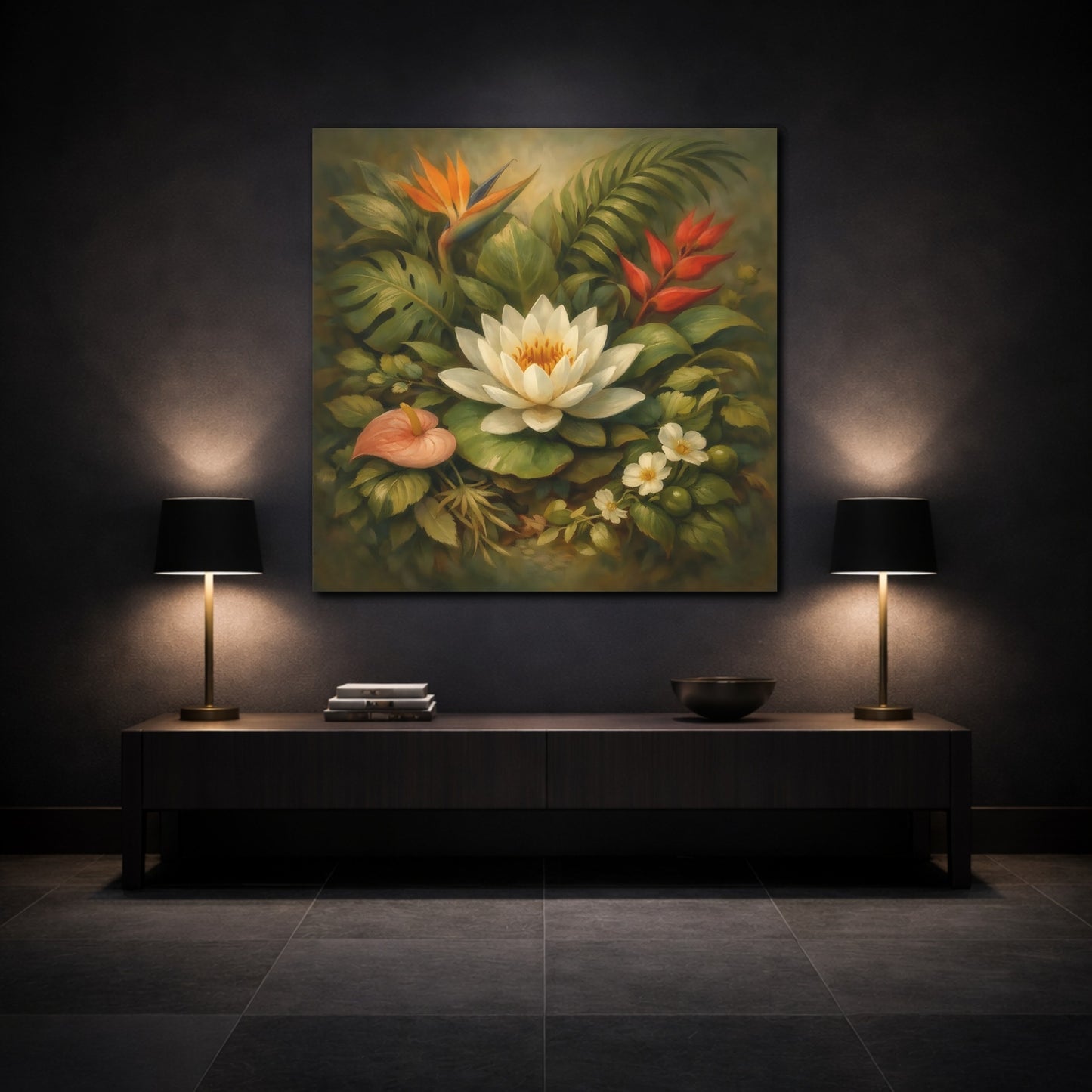 Mockup 3. Floral Water Lily Green And White Floral shown as stretched canvas wall art