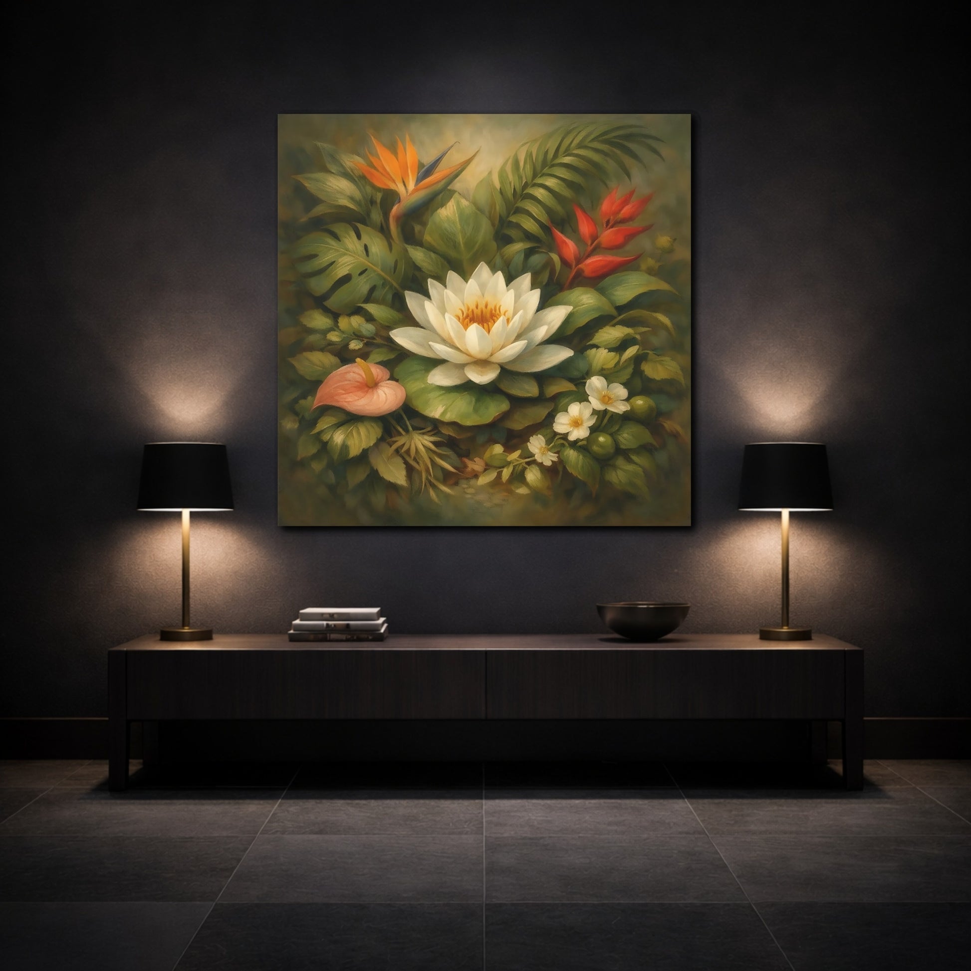 Mockup 3. Floral Water Lily Green And White Floral shown as stretched canvas wall art