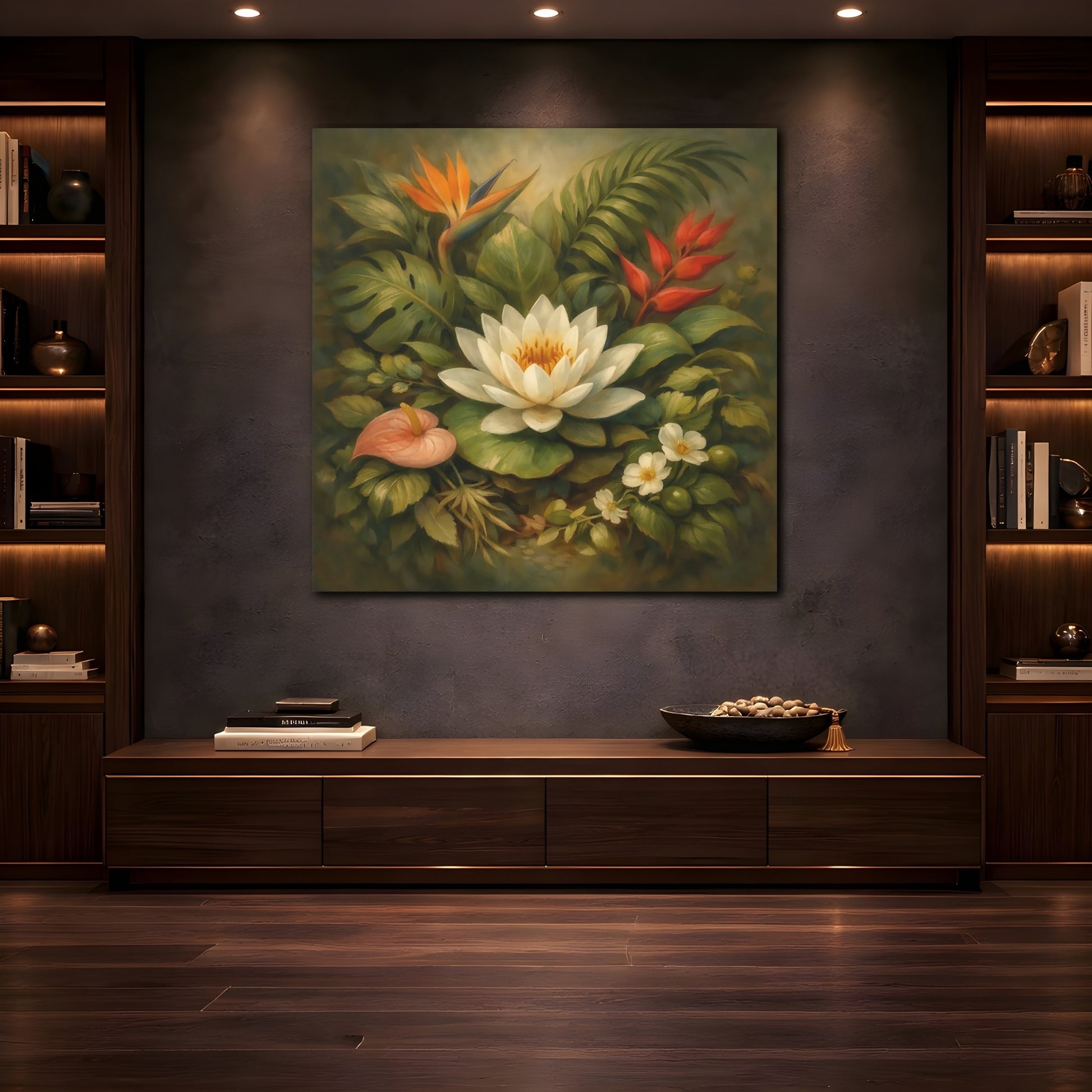 Mockup 4. Floral Water Lily Green And White Floral shown as stretched canvas wall art