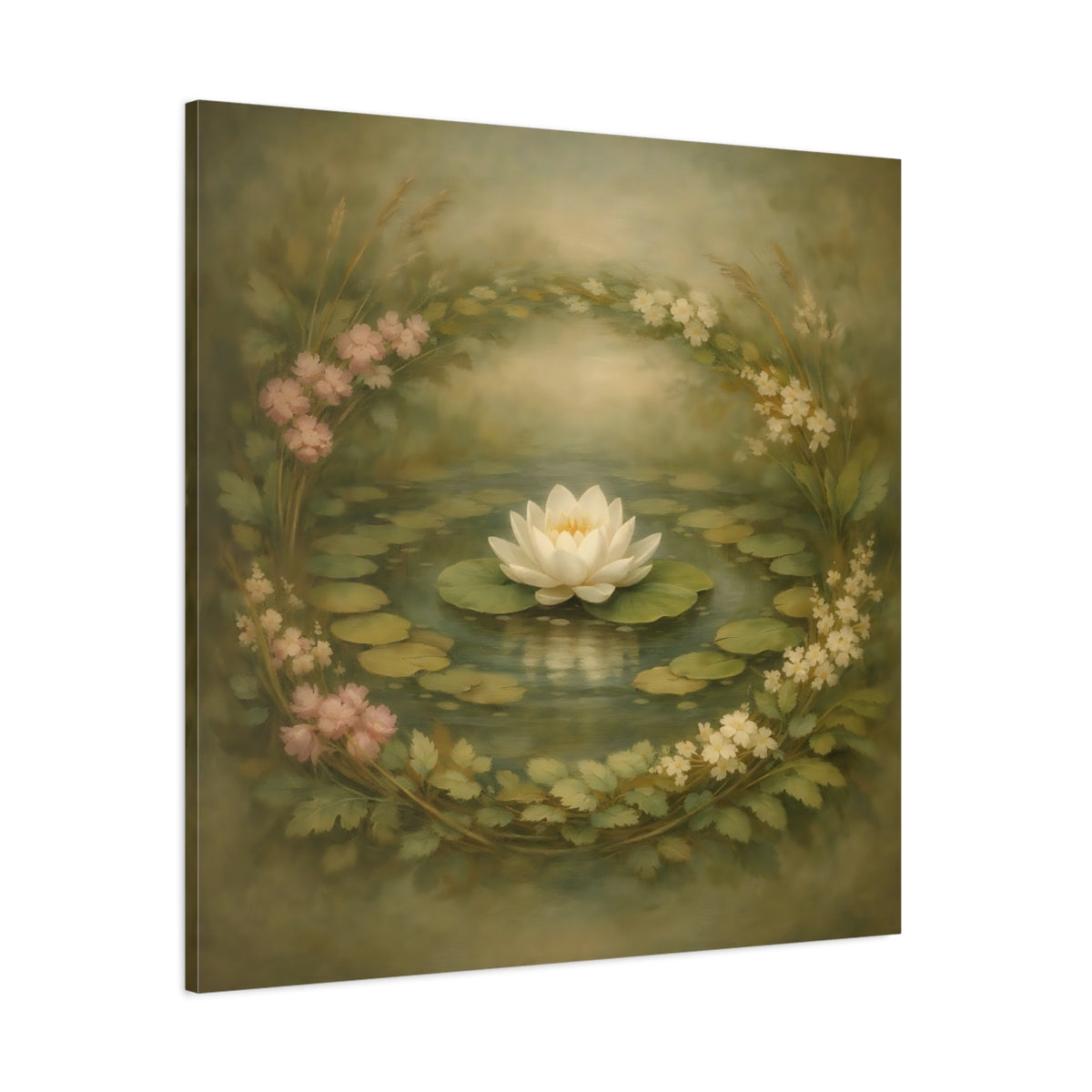 Main Mockup. Floral Water Lily Green Floral Pond shown as stretched canvas wall art