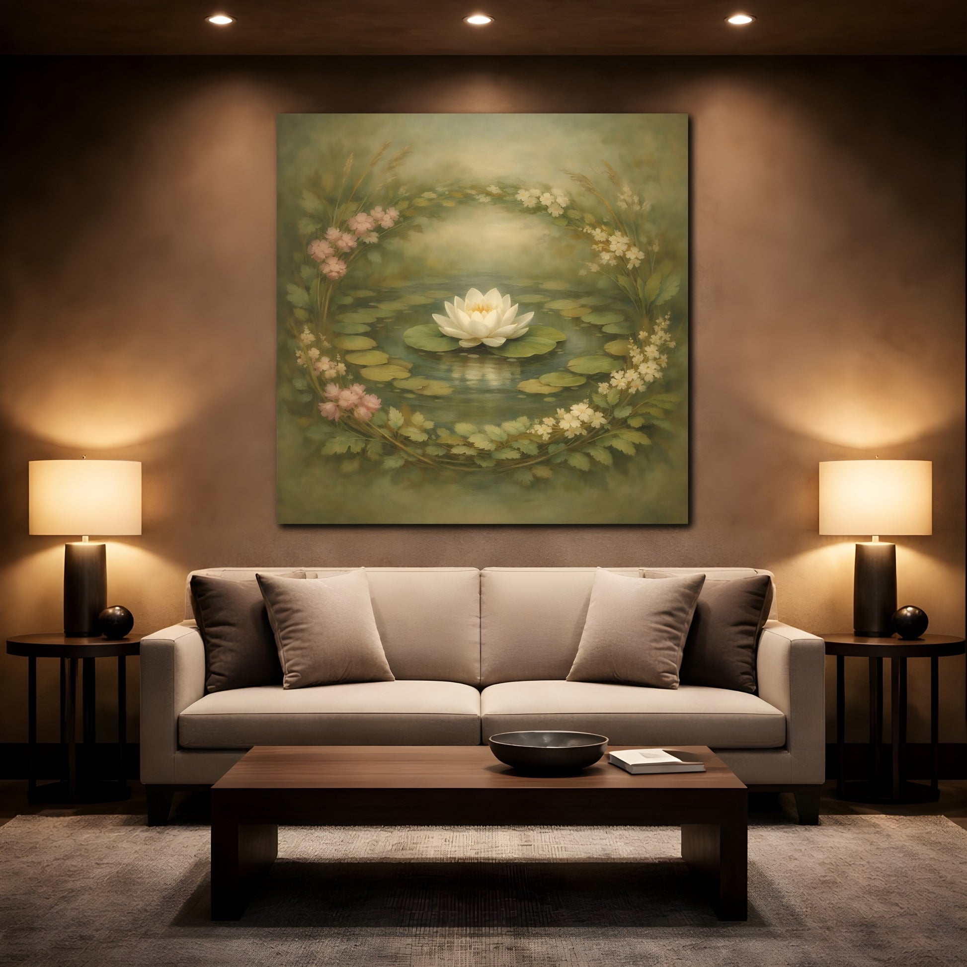 Mockup 2. Floral Water Lily Green Floral Pond shown as stretched canvas wall art