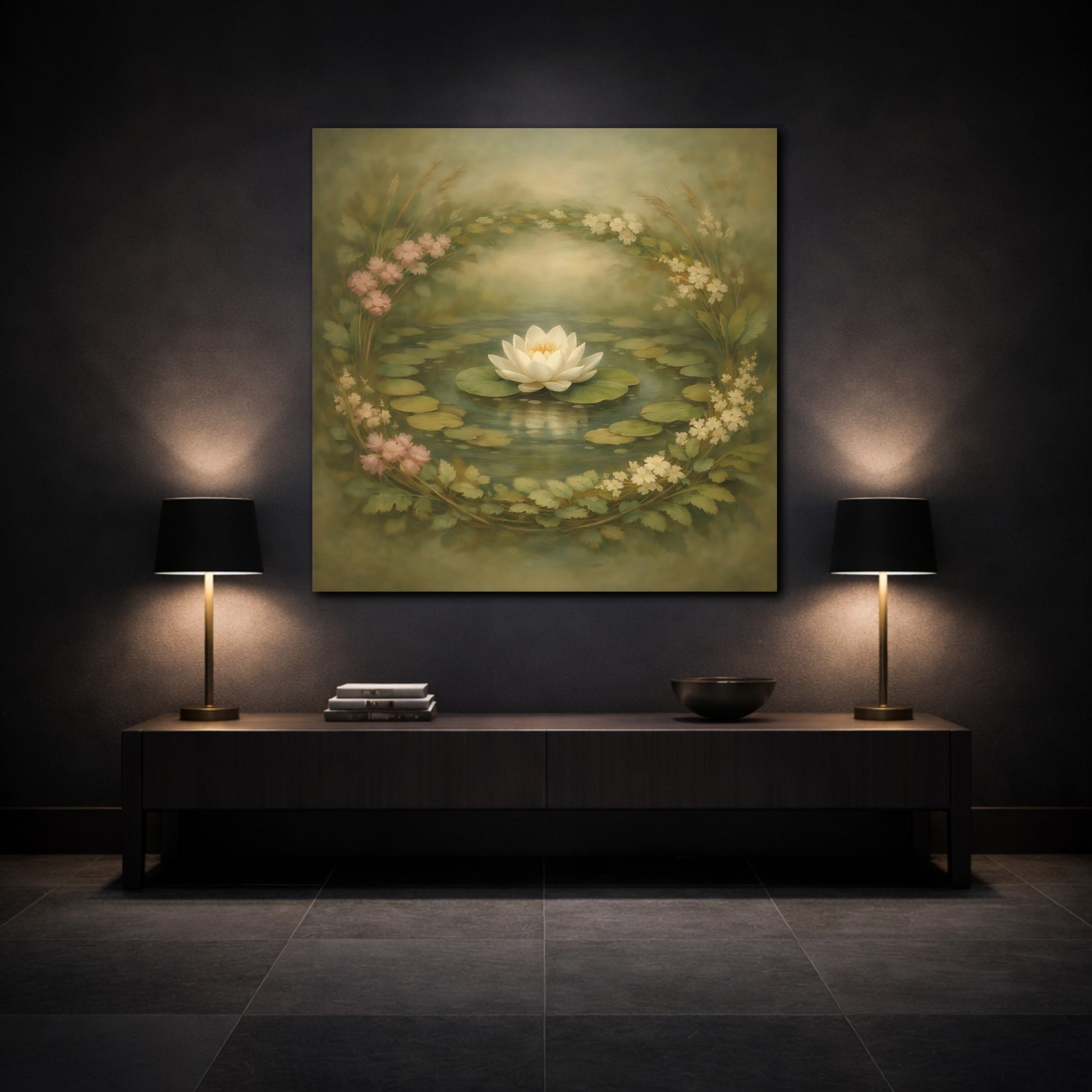 Mockup 3. Floral Water Lily Green Floral Pond shown as stretched canvas wall art