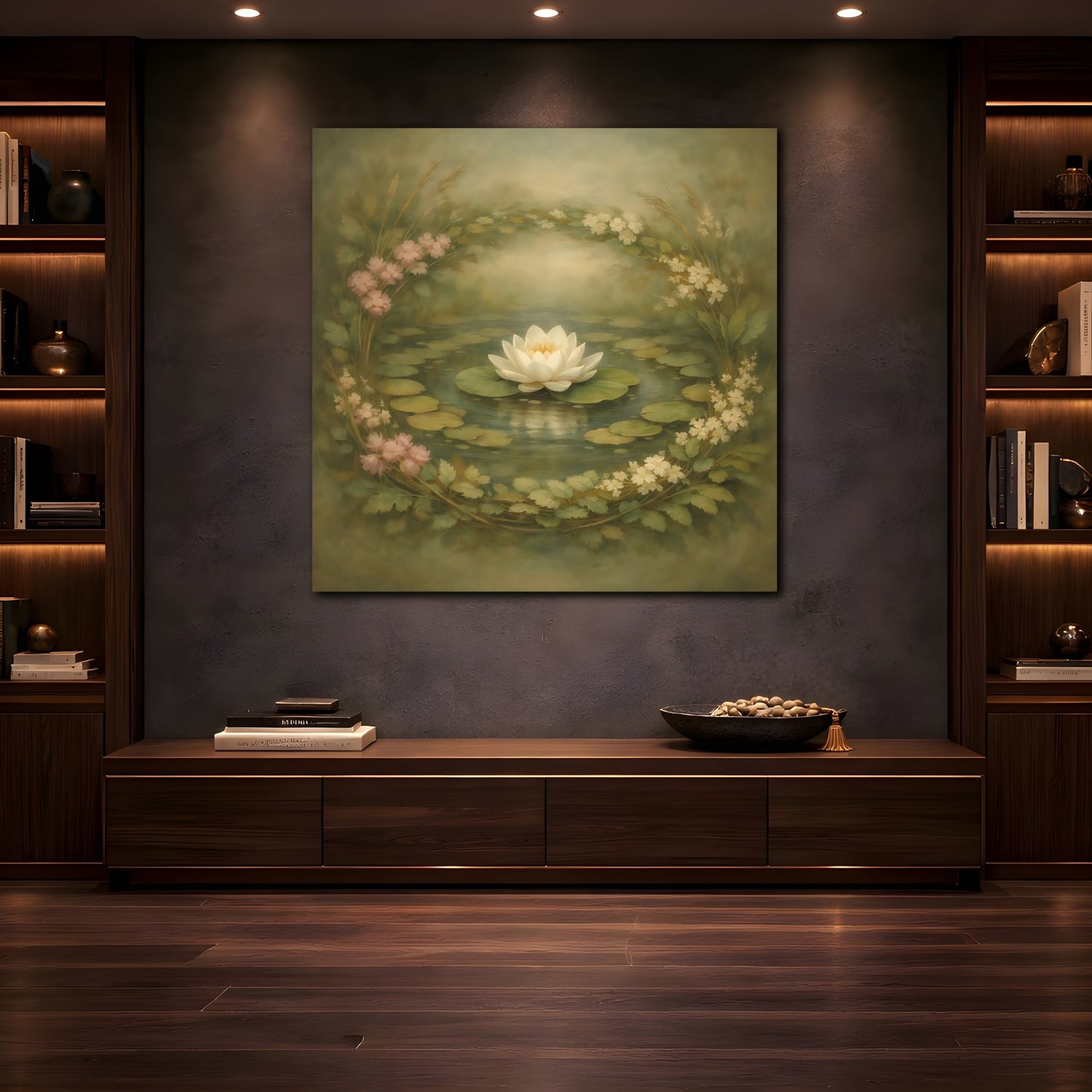 Mockup 4. Floral Water Lily Green Floral Pond shown as stretched canvas wall art