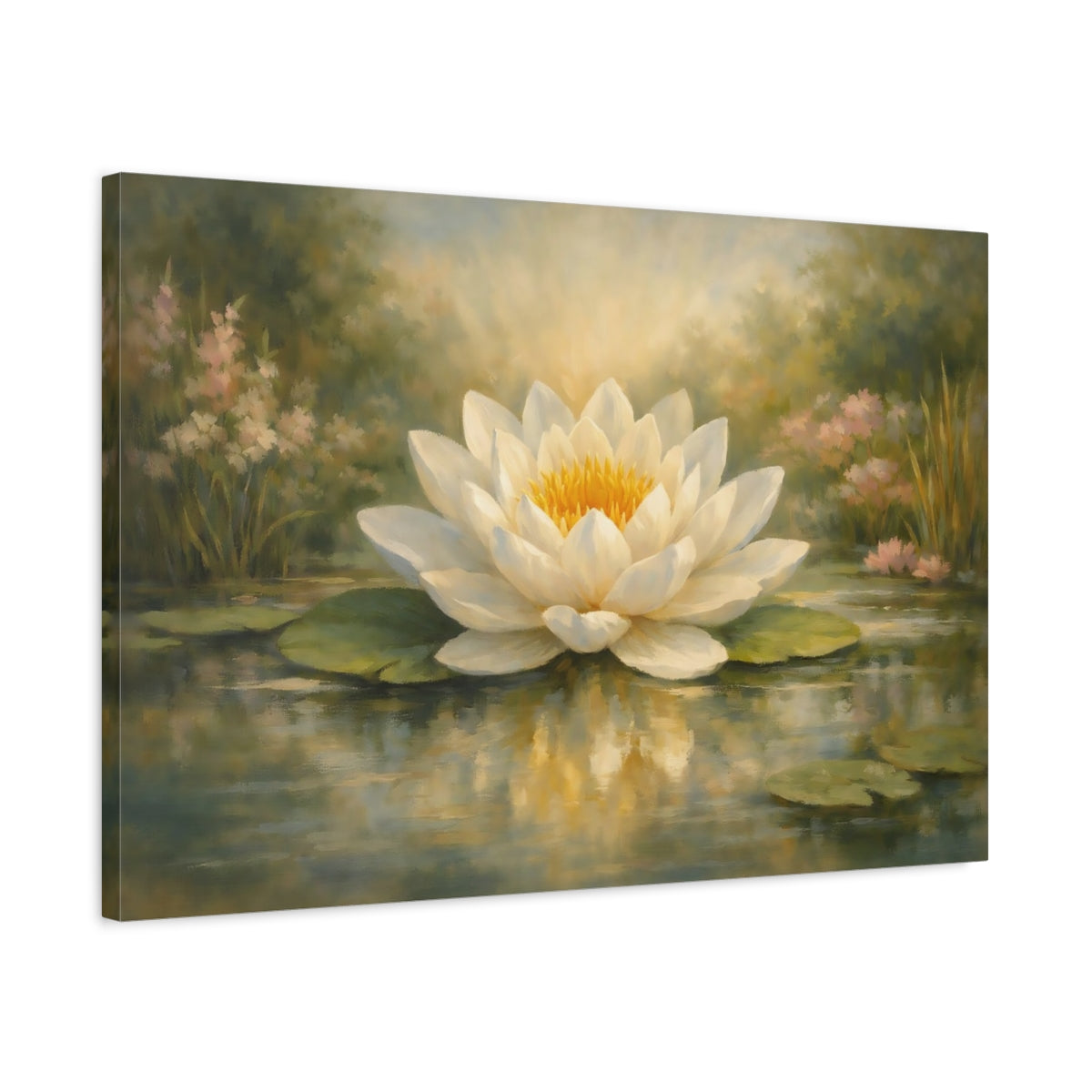 Side Mockup 2. Floral Water Lily White Water Lily shown as stretched canvas wall art