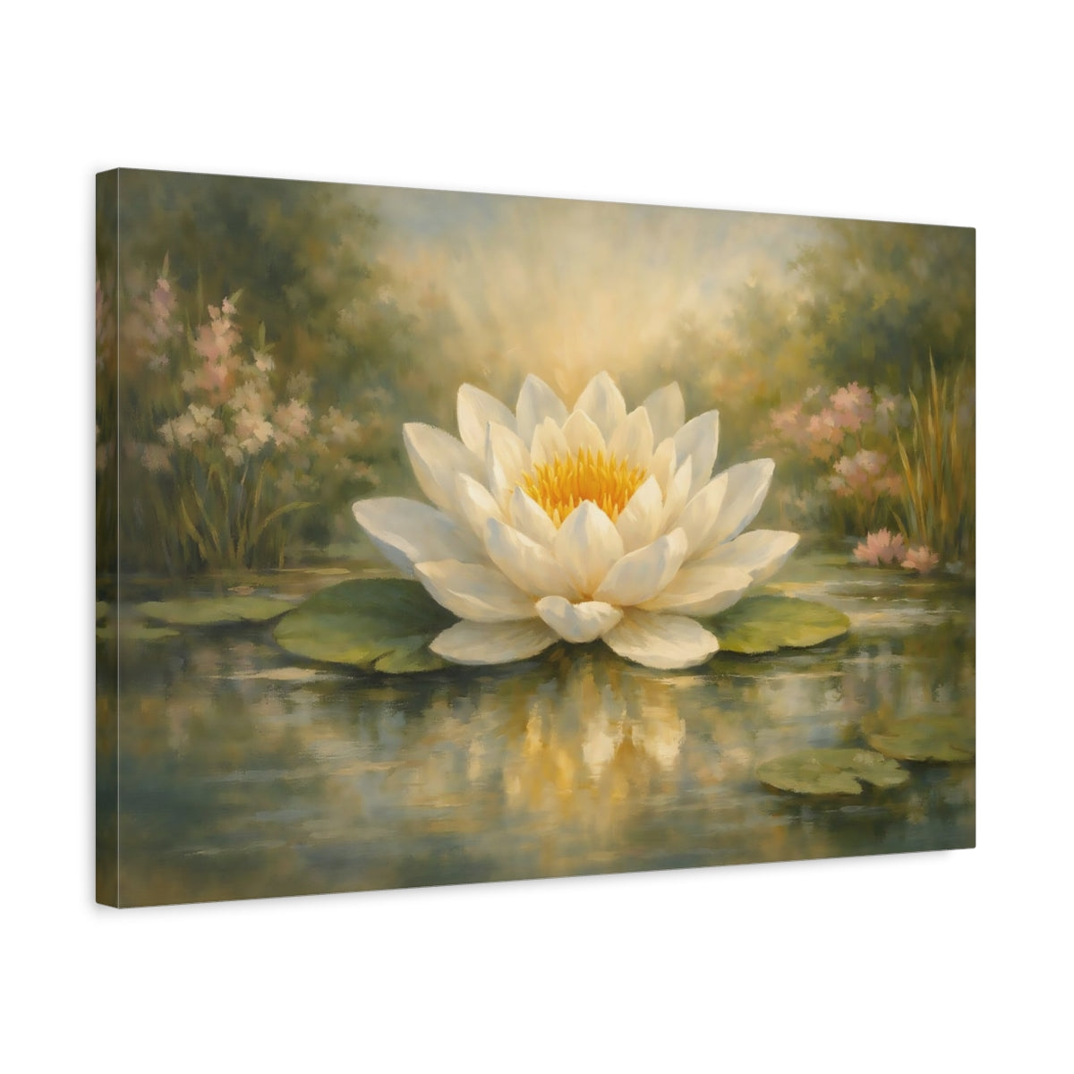Side Mockup 3. Floral Water Lily White Water Lily shown as stretched canvas wall art