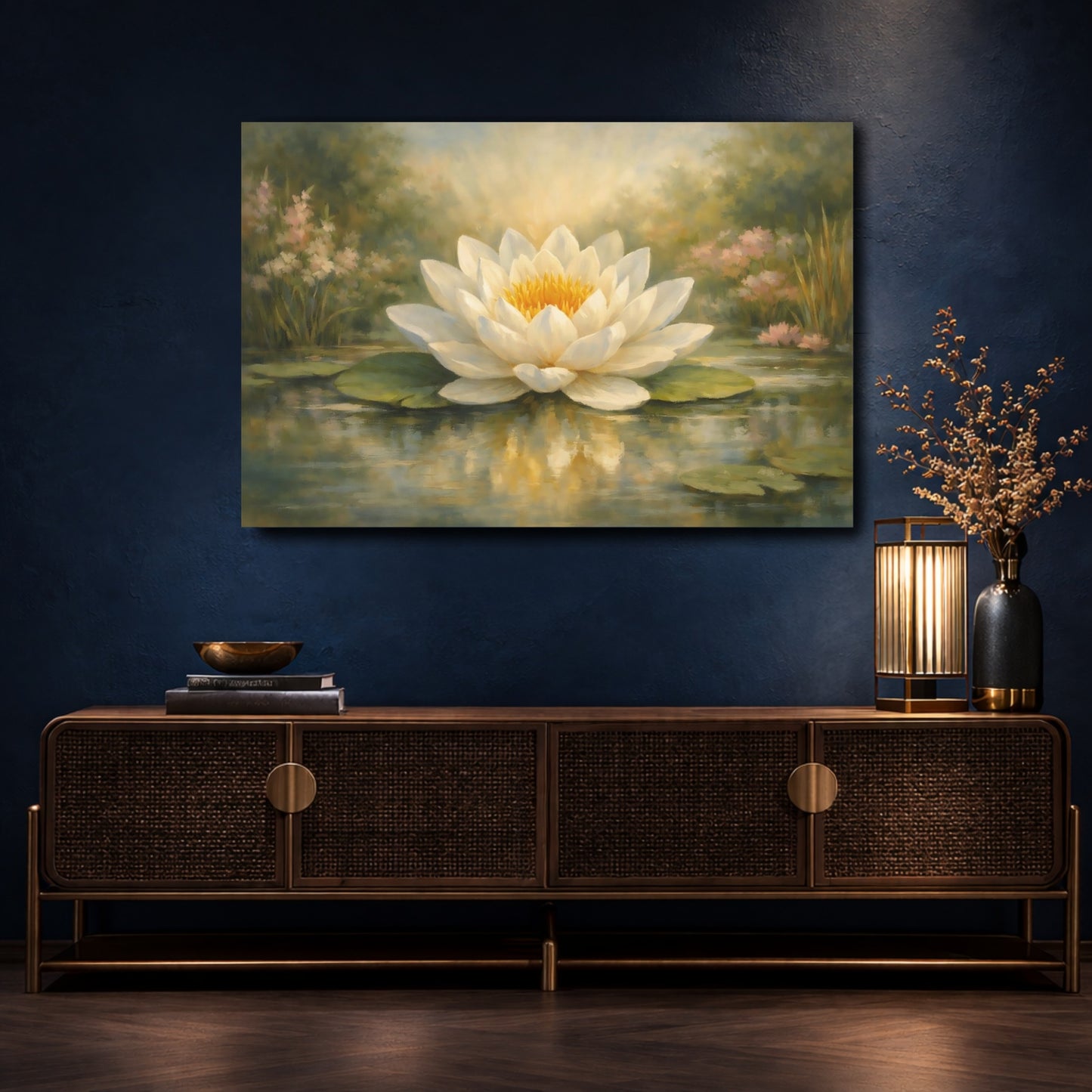 Mockup 4. Floral Water Lily White Water Lily shown as stretched canvas wall art