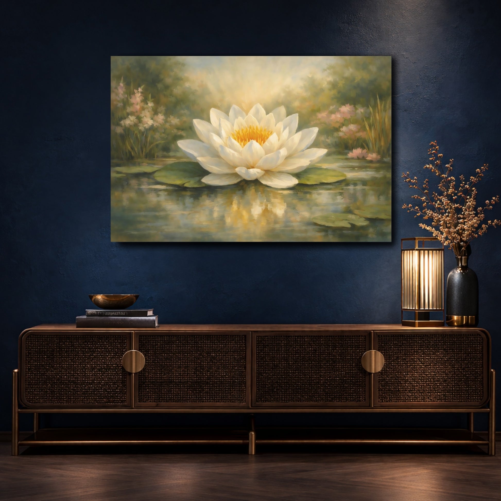 Mockup 4. Floral Water Lily White Water Lily shown as stretched canvas wall art