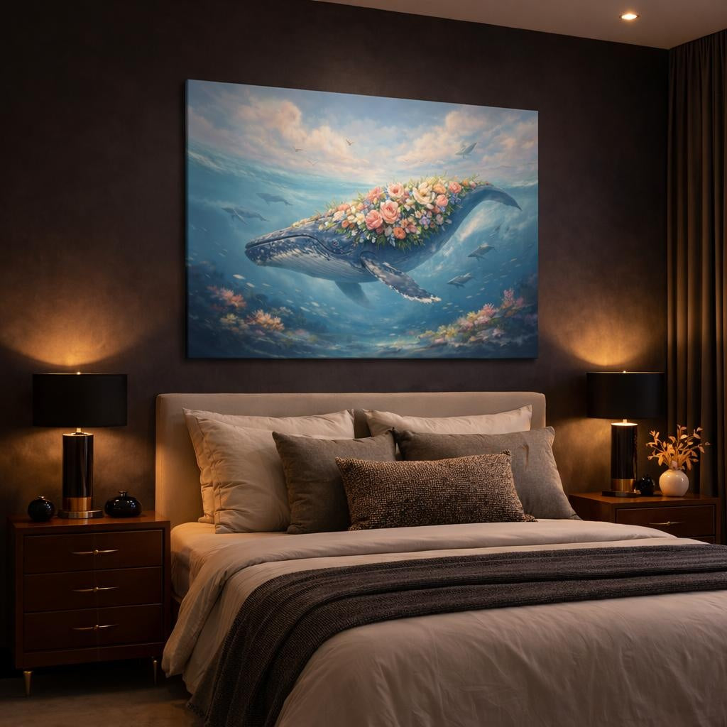 Floral Whale Song shown as canvas wall art in a luxury bedroom