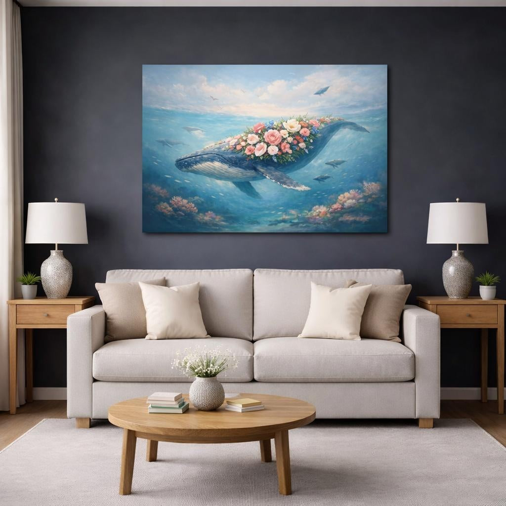 Floral Whale Song shown as canvas wall art in a modern living room