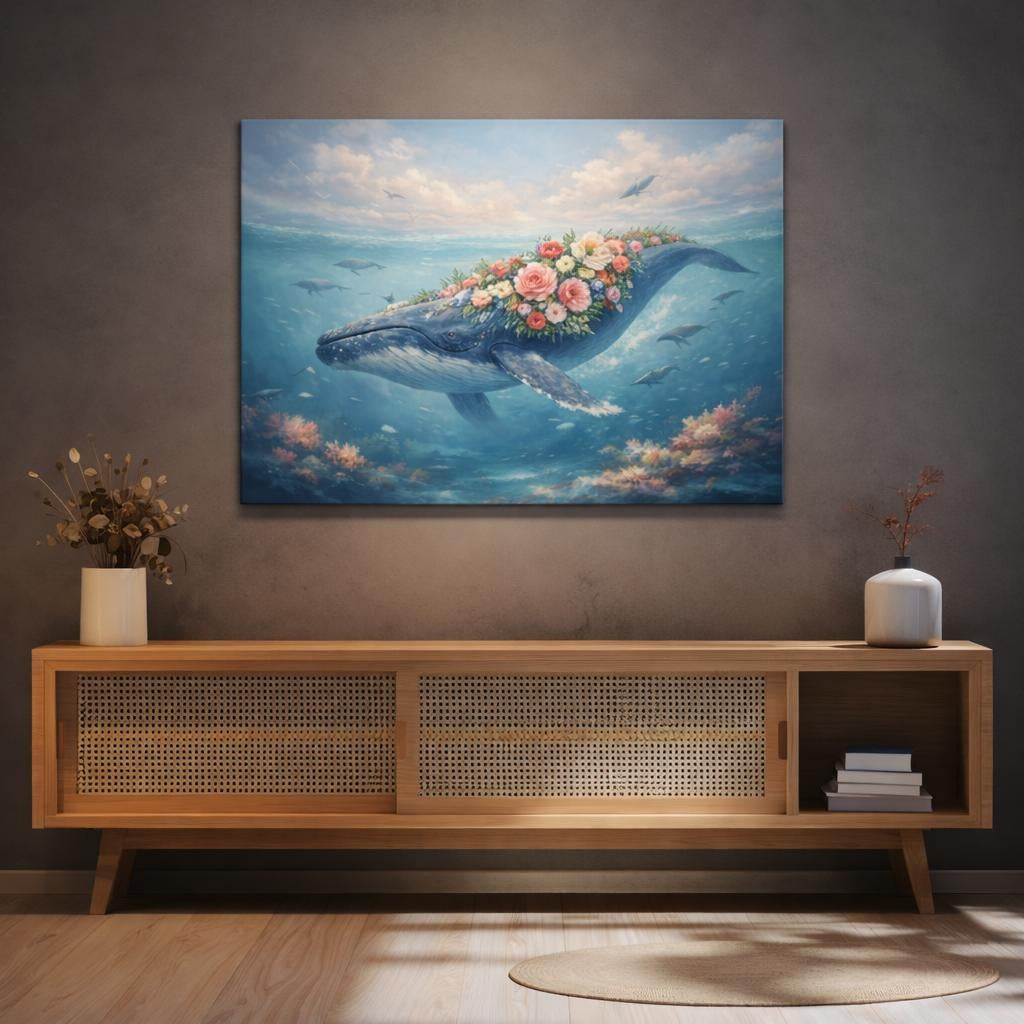 Floral Whale Song shown as canvas wall art in a refined dining room