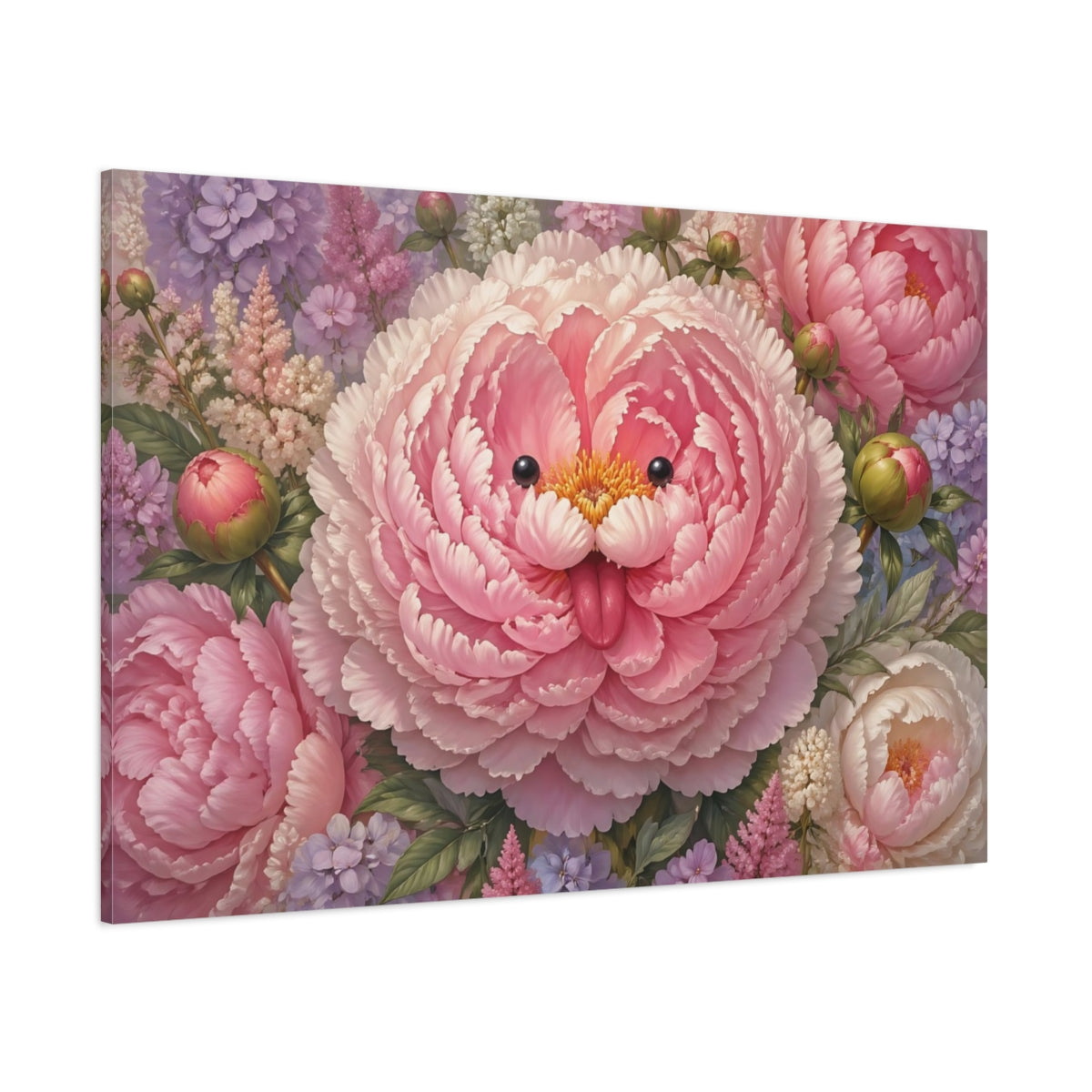 Side Mockup 1. Floral Whimsical Peony Pink Peony shown as stretched canvas wall art