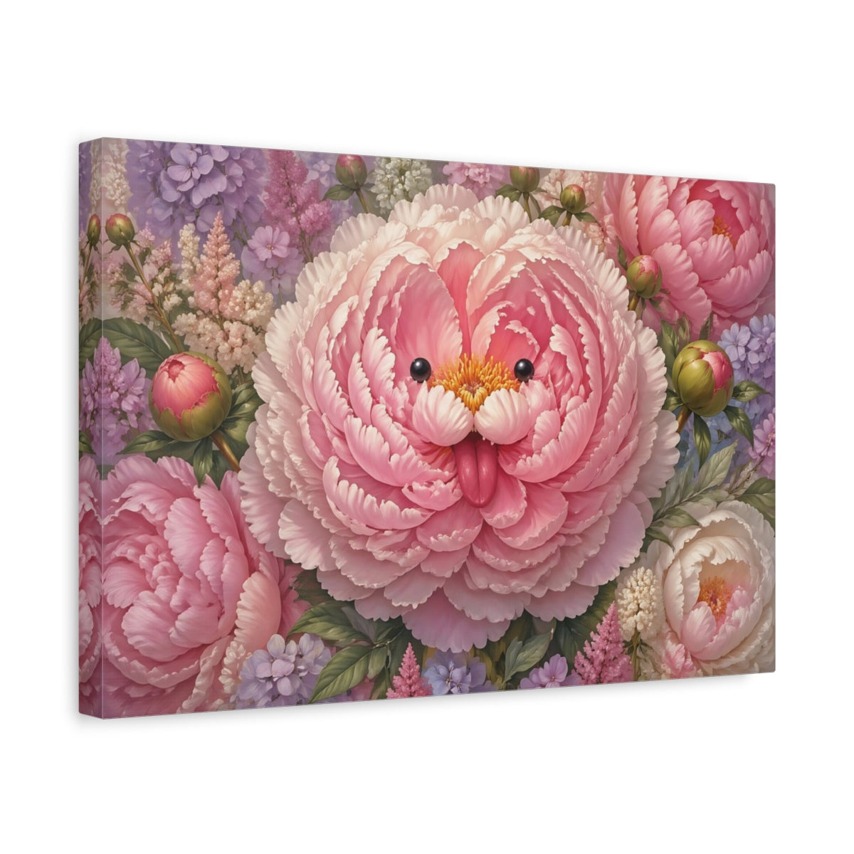 Side Mockup 4. Floral Whimsical Peony Pink Peony shown as stretched canvas wall art