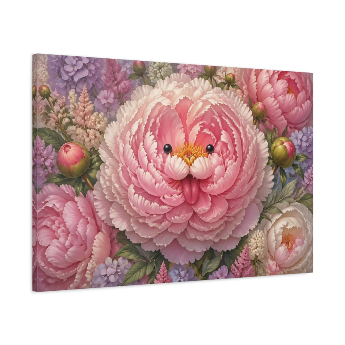Main Mockup. Floral Whimsical Peony Pink Peony shown as stretched canvas wall art
