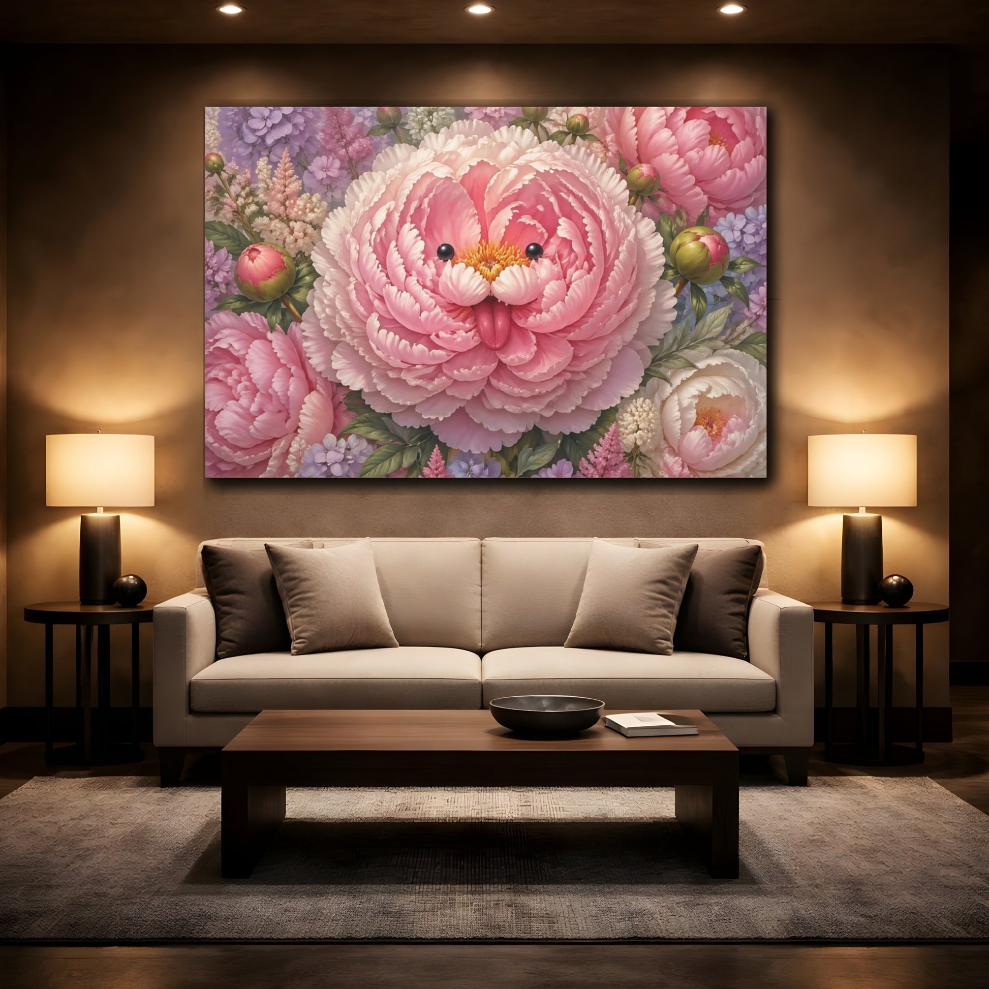 Mockup 2. Floral Whimsical Peony Pink Peony shown as stretched canvas wall art