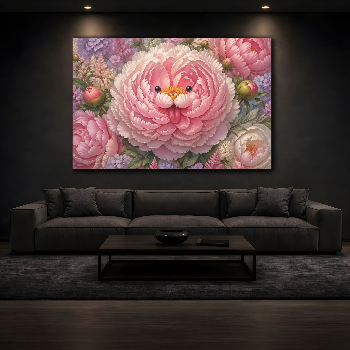 Mockup 3. Floral Whimsical Peony Pink Peony shown as stretched canvas wall art