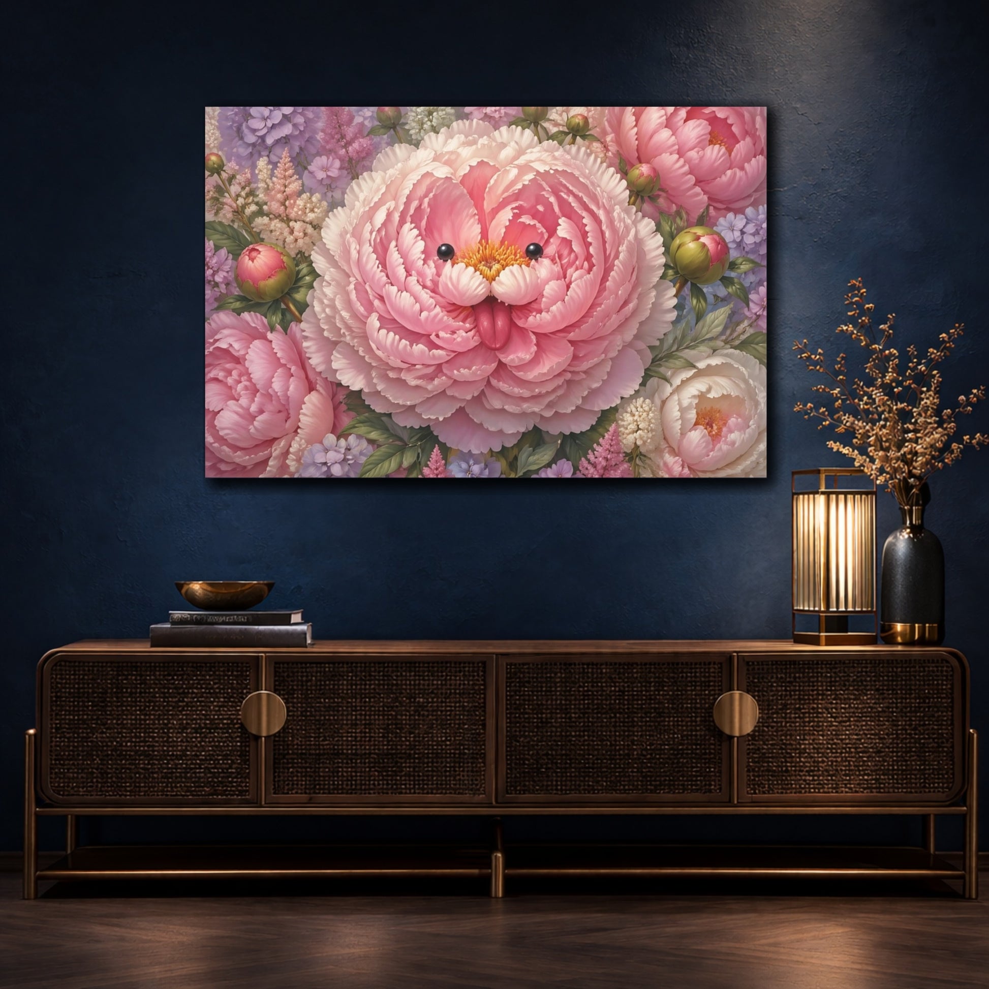 Mockup 4. Floral Whimsical Peony Pink Peony shown as stretched canvas wall art
