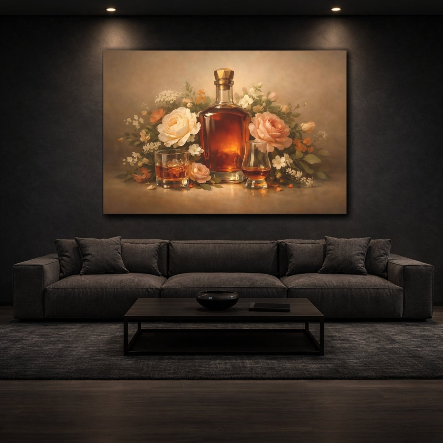 Floral Whiskey Bottle And Roses - Canvas Wall Art Print - YesArtYes