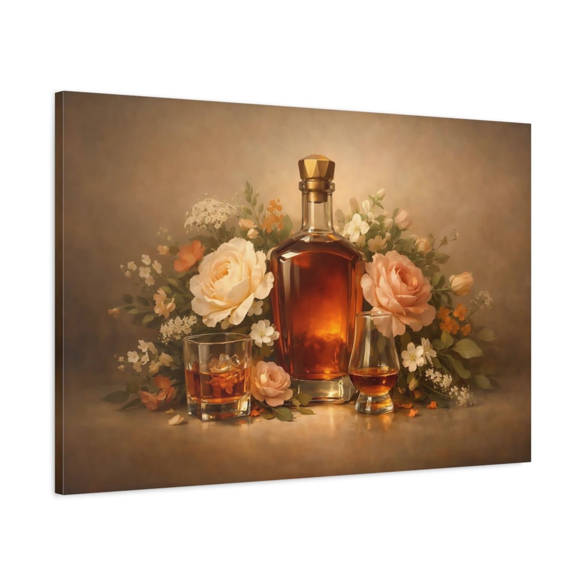 Floral Whiskey Bottle And Roses - Canvas Wall Art Print - YesArtYes