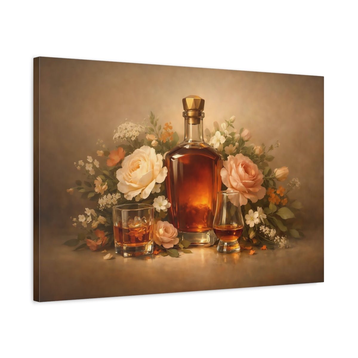 Floral Whiskey Bottle And Roses - Canvas Wall Art Print - YesArtYes