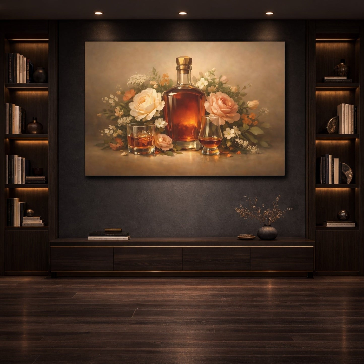 Floral Whiskey Bottle And Roses - Canvas Wall Art Print - YesArtYes