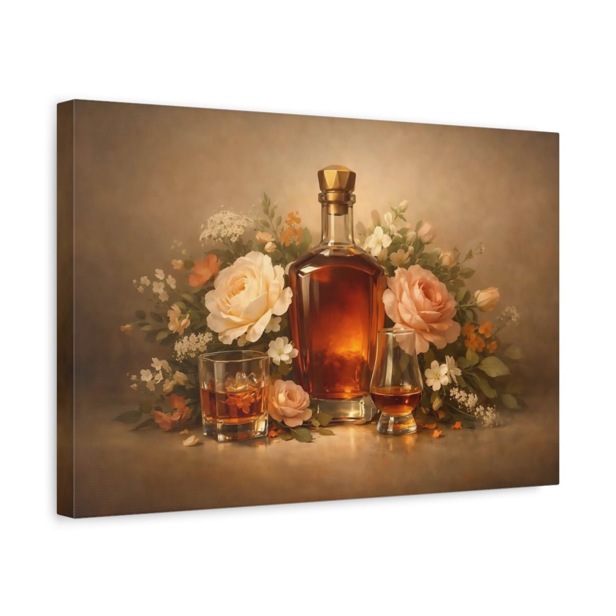 Floral Whiskey Bottle And Roses - Canvas Wall Art Print - YesArtYes
