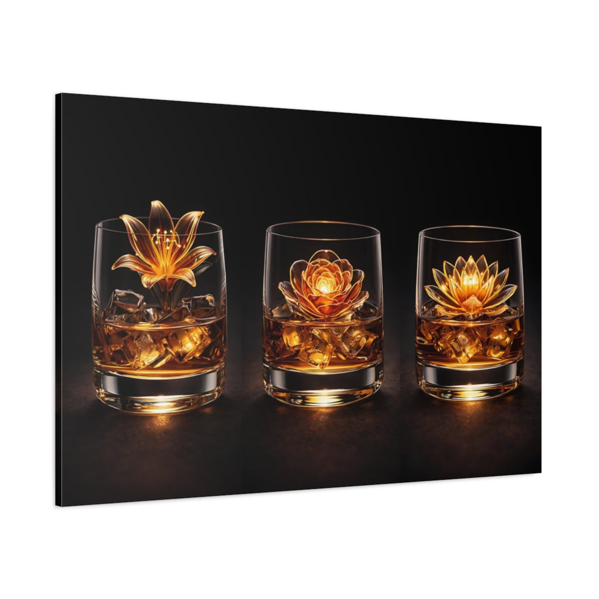 Side Mockup 1. Floral Floral Whiskey Golden Flowers shown as stretched canvas wall art