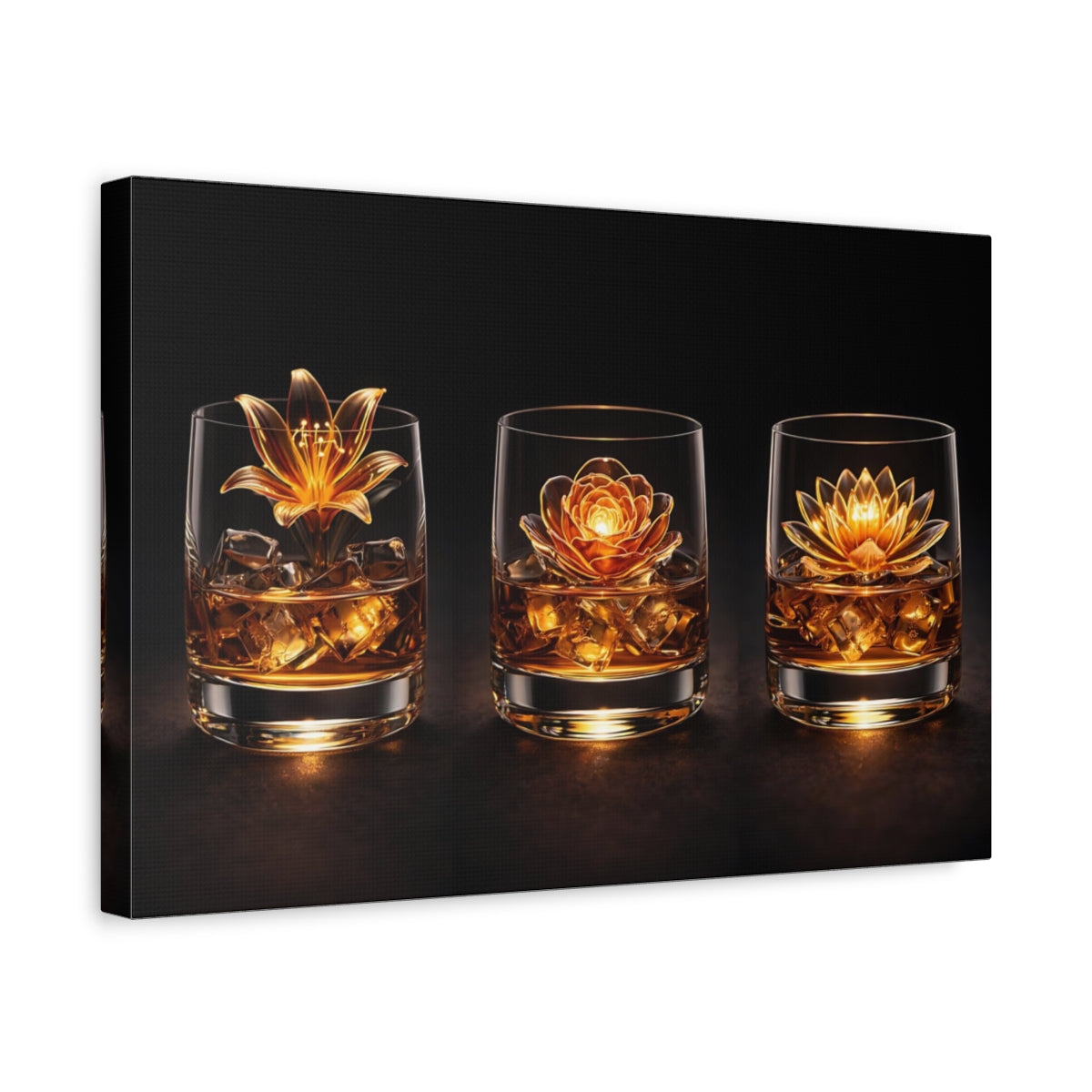 Side Mockup 4. Floral Floral Whiskey Golden Flowers shown as stretched canvas wall art