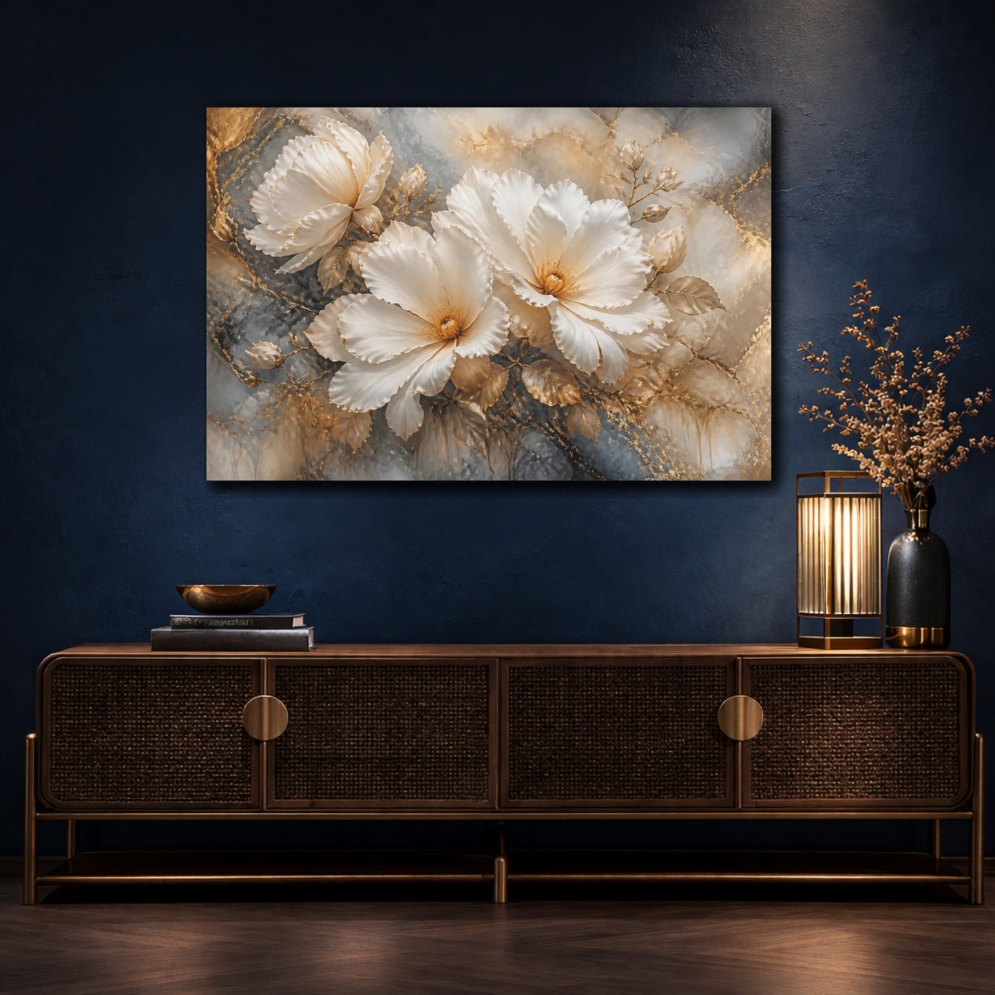 Mockup 4. Floral White Blossom Elegance shown as canvas print