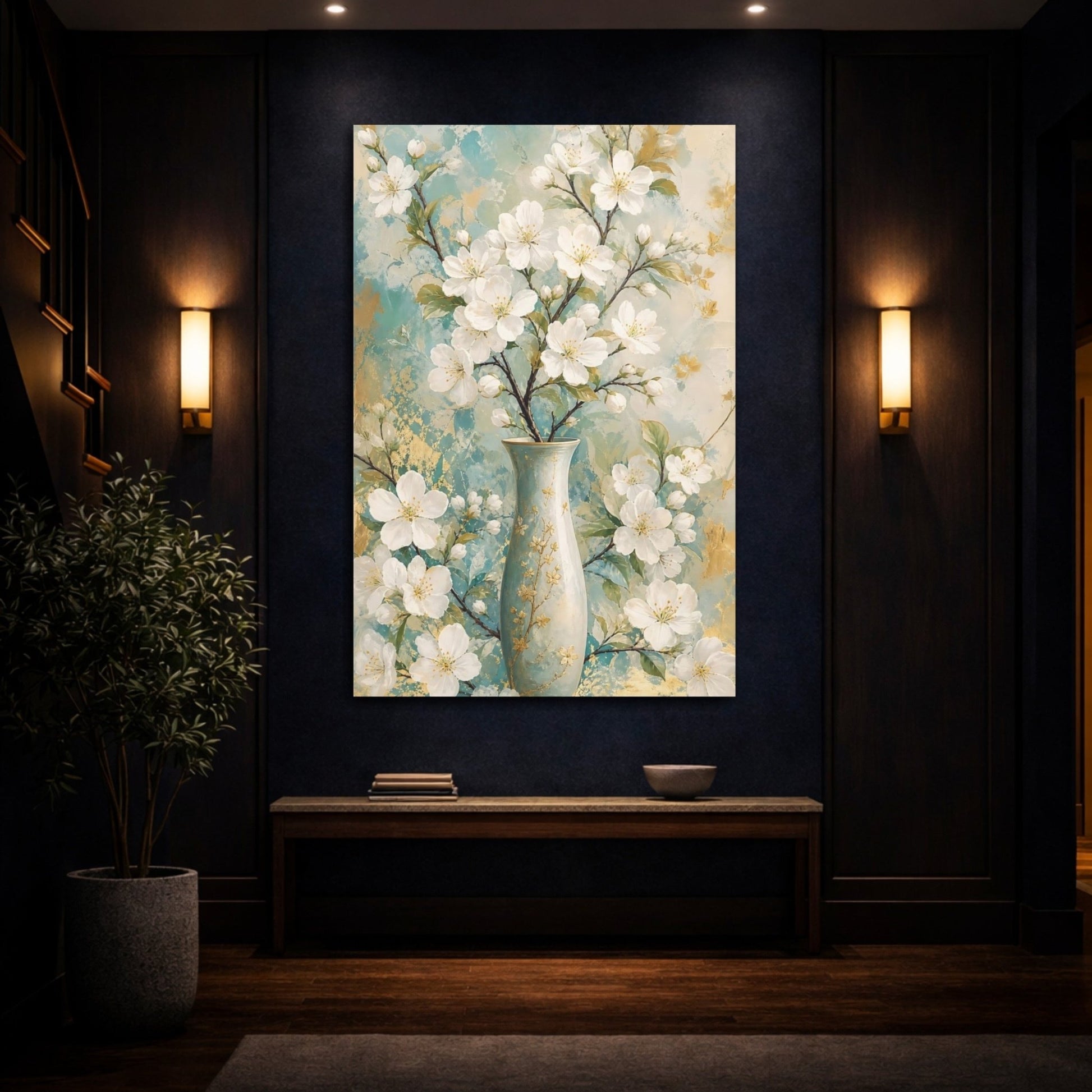 Floral White Blossoms Teal Gold Canvas Print – Modern Decor for Living Room, Above Couch - YesArtYes