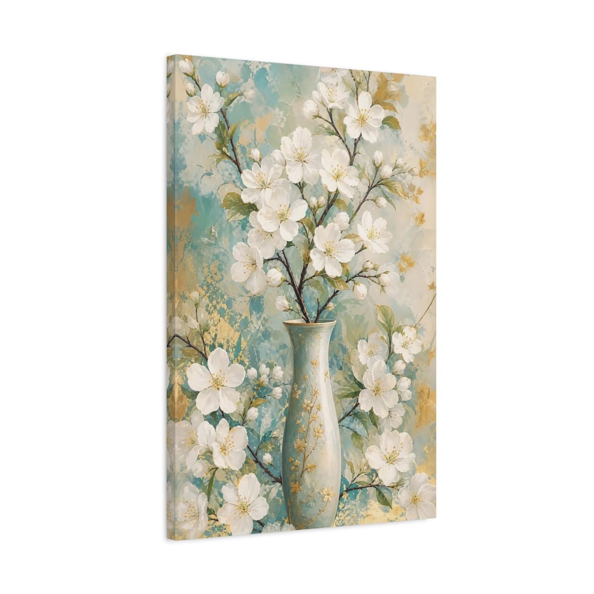 Floral White Blossoms Teal Gold Canvas Print – Modern Decor for Living Room, Above Couch - YesArtYes