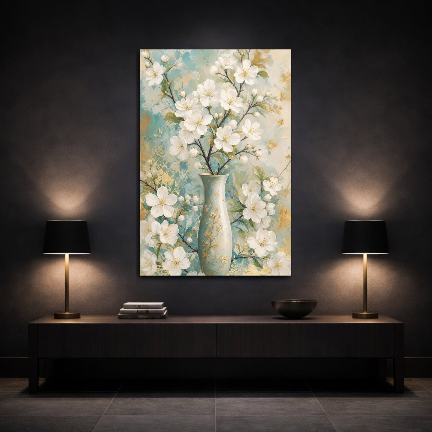 Floral White Blossoms Teal Gold Canvas Print – Modern Decor for Living Room, Above Couch - YesArtYes