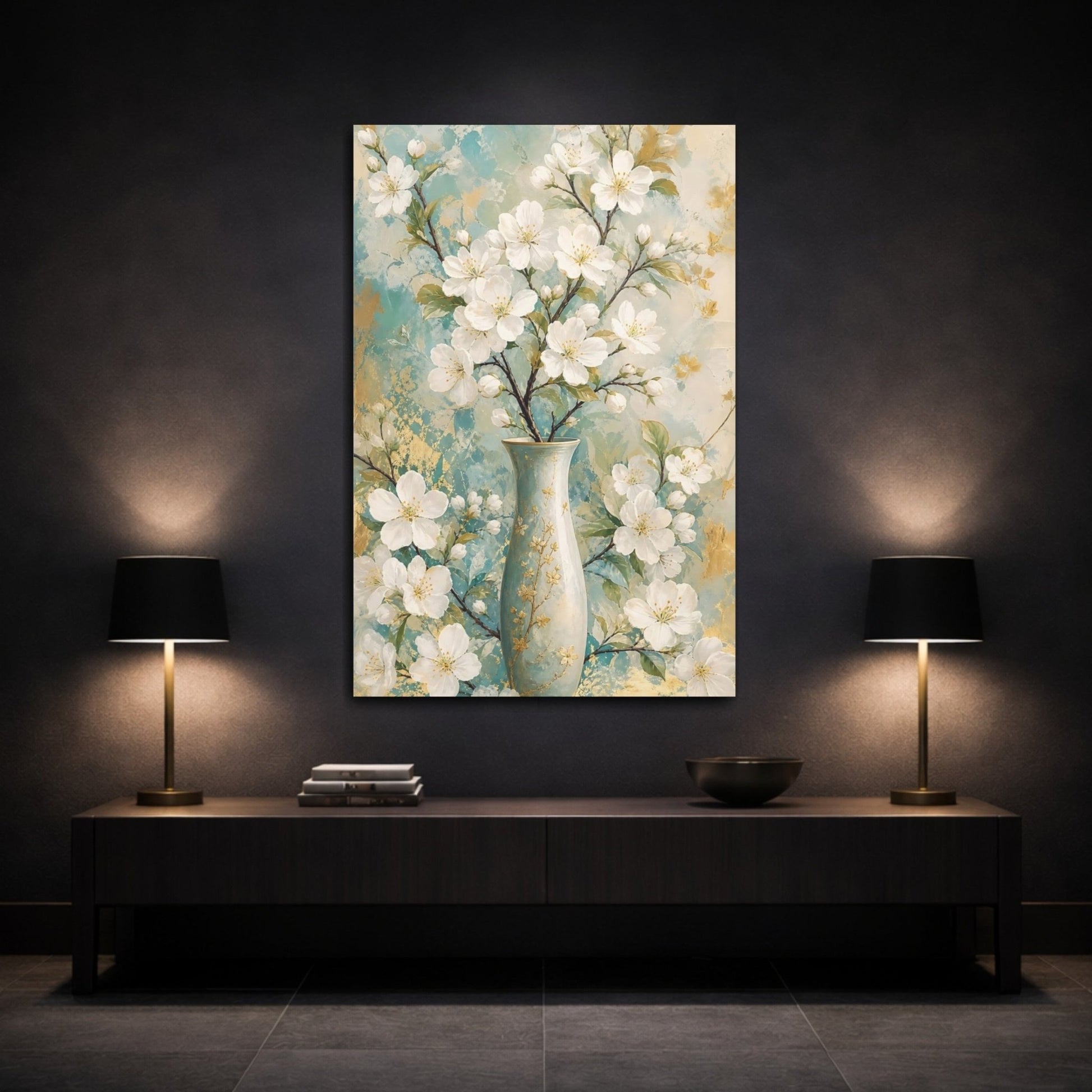 Floral White Blossoms Teal Gold Canvas Print – Modern Decor for Living Room, Above Couch - YesArtYes