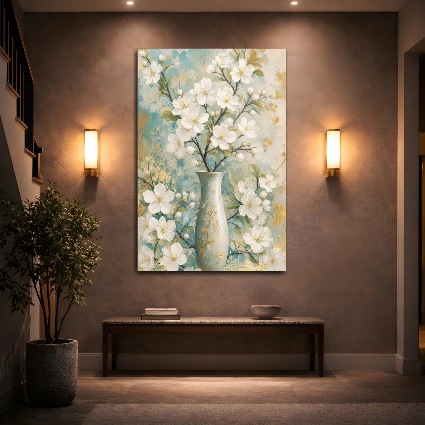 Floral White Blossoms Teal Gold Canvas Print – Modern Decor for Living Room, Above Couch - YesArtYes