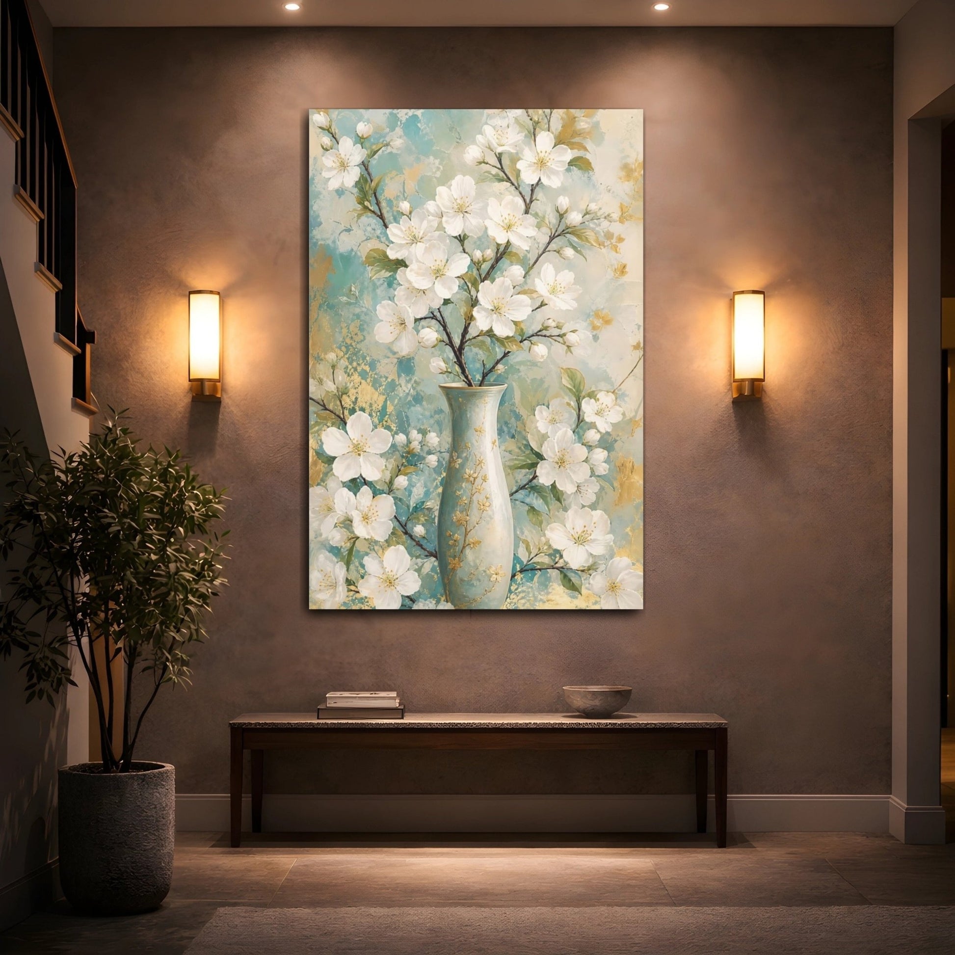 Floral White Blossoms Teal Gold Canvas Print – Modern Decor for Living Room, Above Couch - YesArtYes