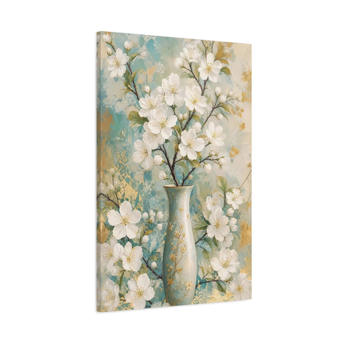 Floral White Blossoms Teal Gold Canvas Print – Modern Decor for Living Room, Above Couch - YesArtYes