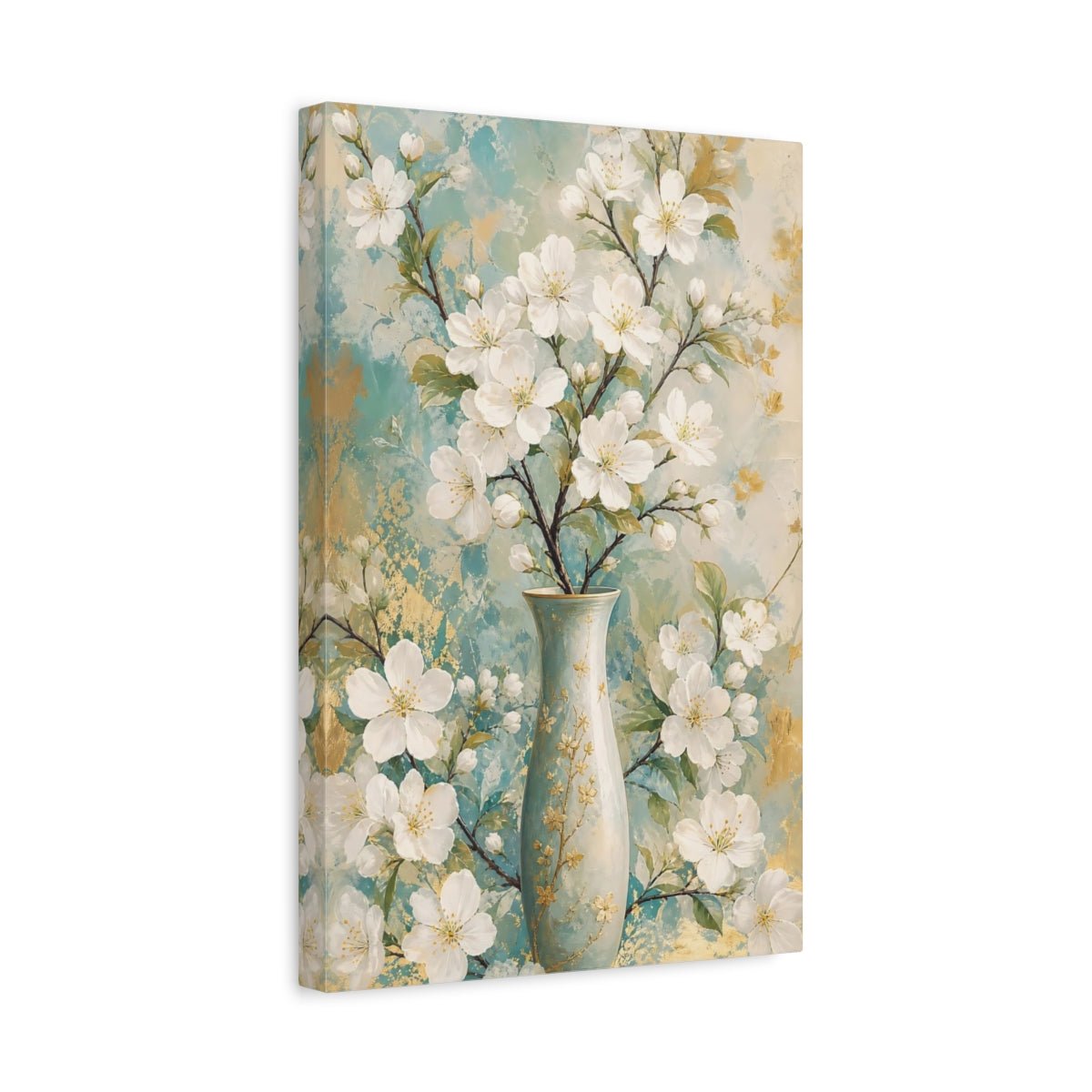 Floral White Blossoms Teal Gold Canvas Print – Modern Decor for Living Room, Above Couch - YesArtYes