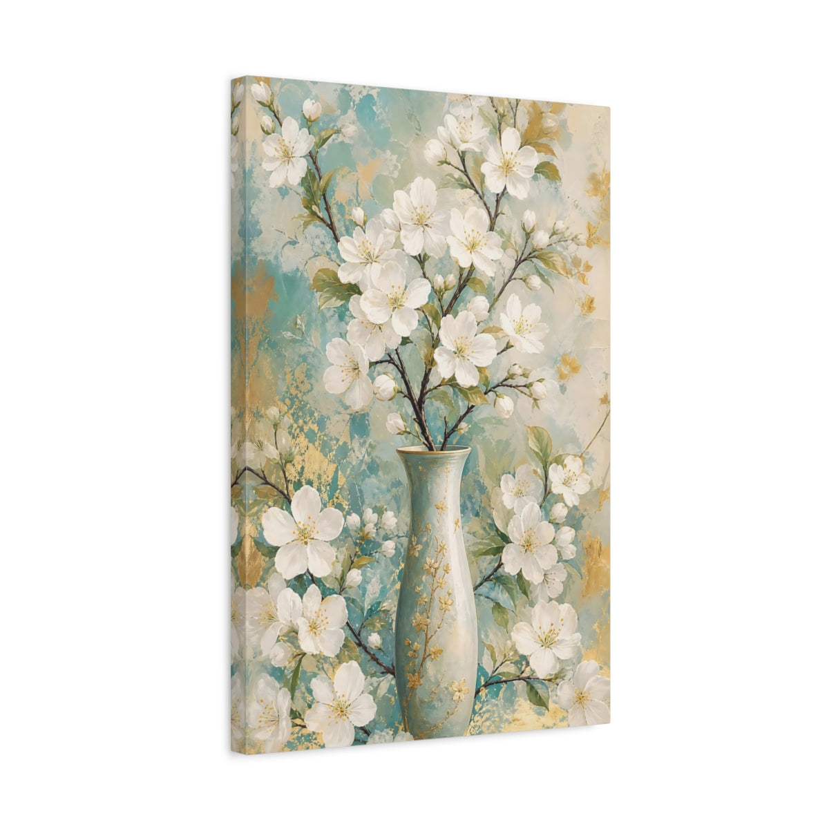 Side Mockup 3. Floral White Blossoms Teal Gold Floral shown as canvas print
