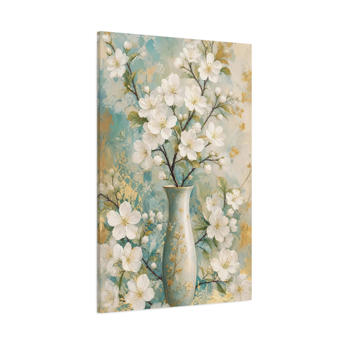 Side Mockup 1. Floral White Blossoms Teal Gold Floral shown as canvas print