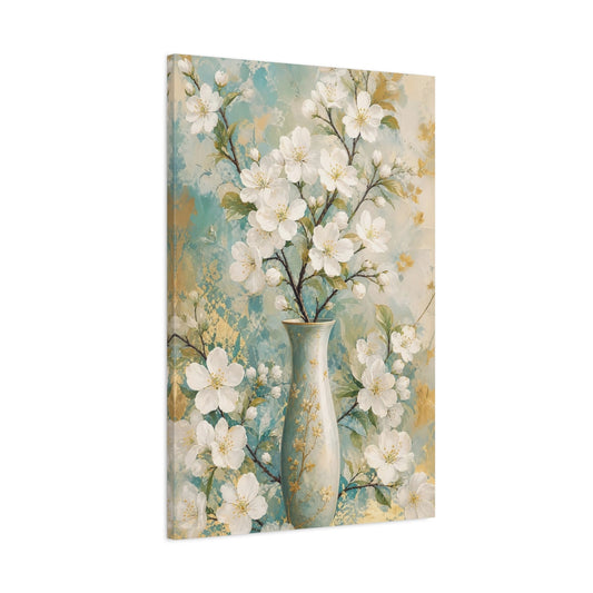 Main Mockup. Floral White Blossoms Teal Gold Floral shown as canvas print
