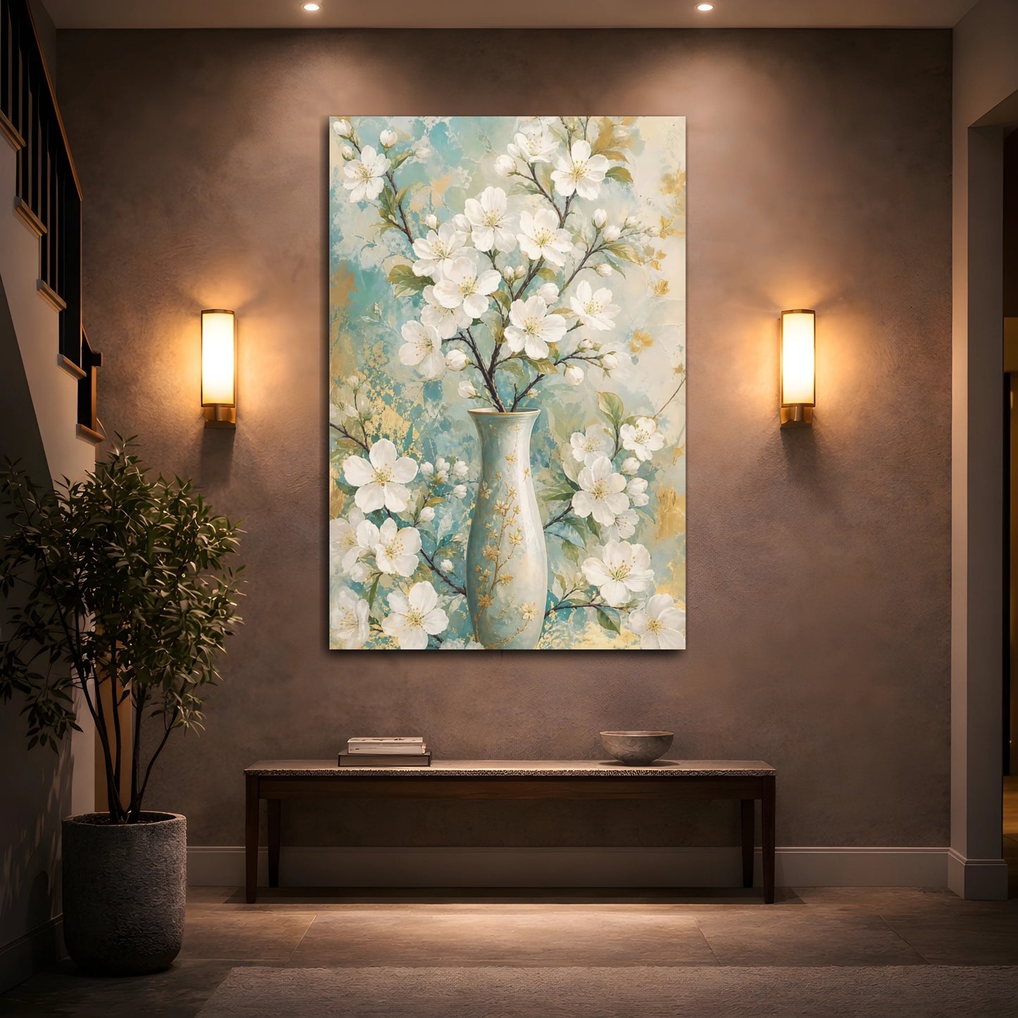 Mockup 2. Floral White Blossoms Teal Gold Floral shown as canvas print