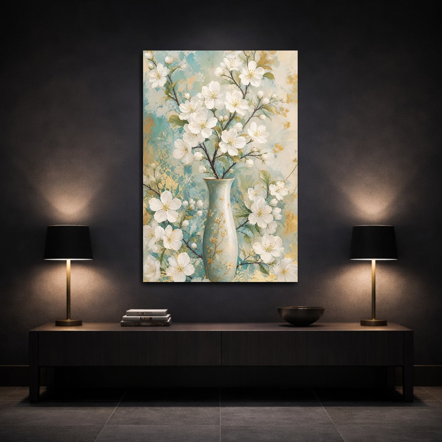 Mockup 3. Floral White Blossoms Teal Gold Floral shown as canvas print