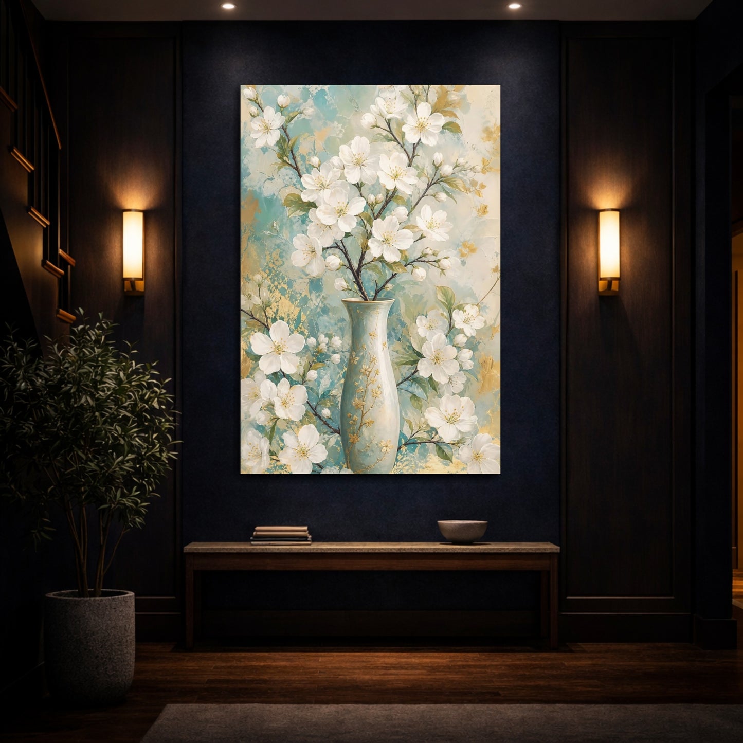Mockup 4. Floral White Blossoms Teal Gold Floral shown as canvas print