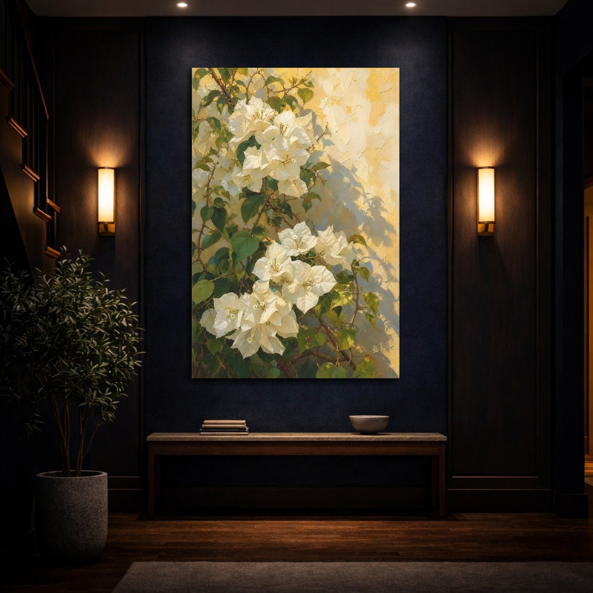 Floral White Bougainvillea And Yellow Canvas Print Wall Art – Impressionistic Living Room, Above Fireplace - YesArtYes
