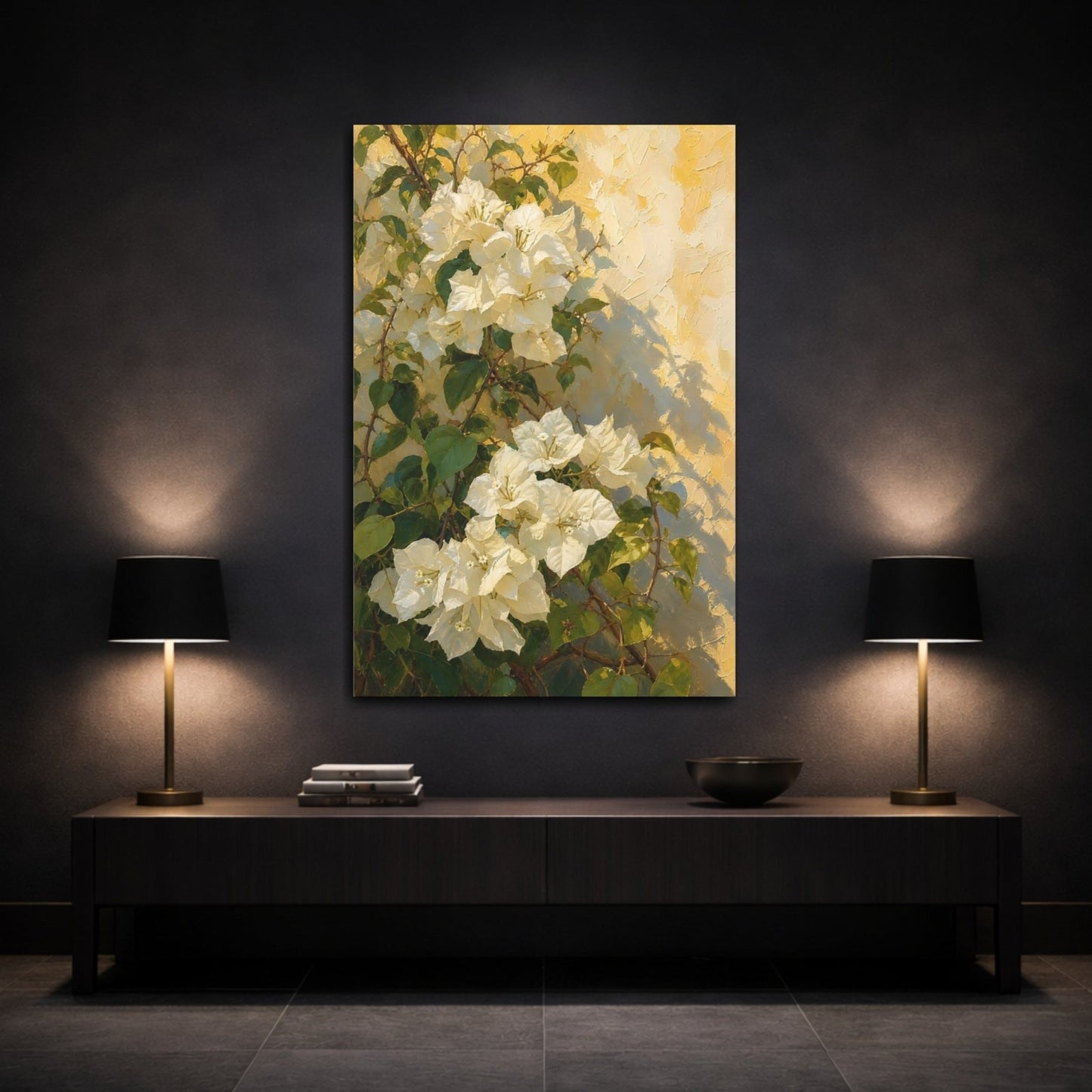 Floral White Bougainvillea And Yellow Canvas Print Wall Art – Impressionistic Living Room, Above Fireplace - YesArtYes