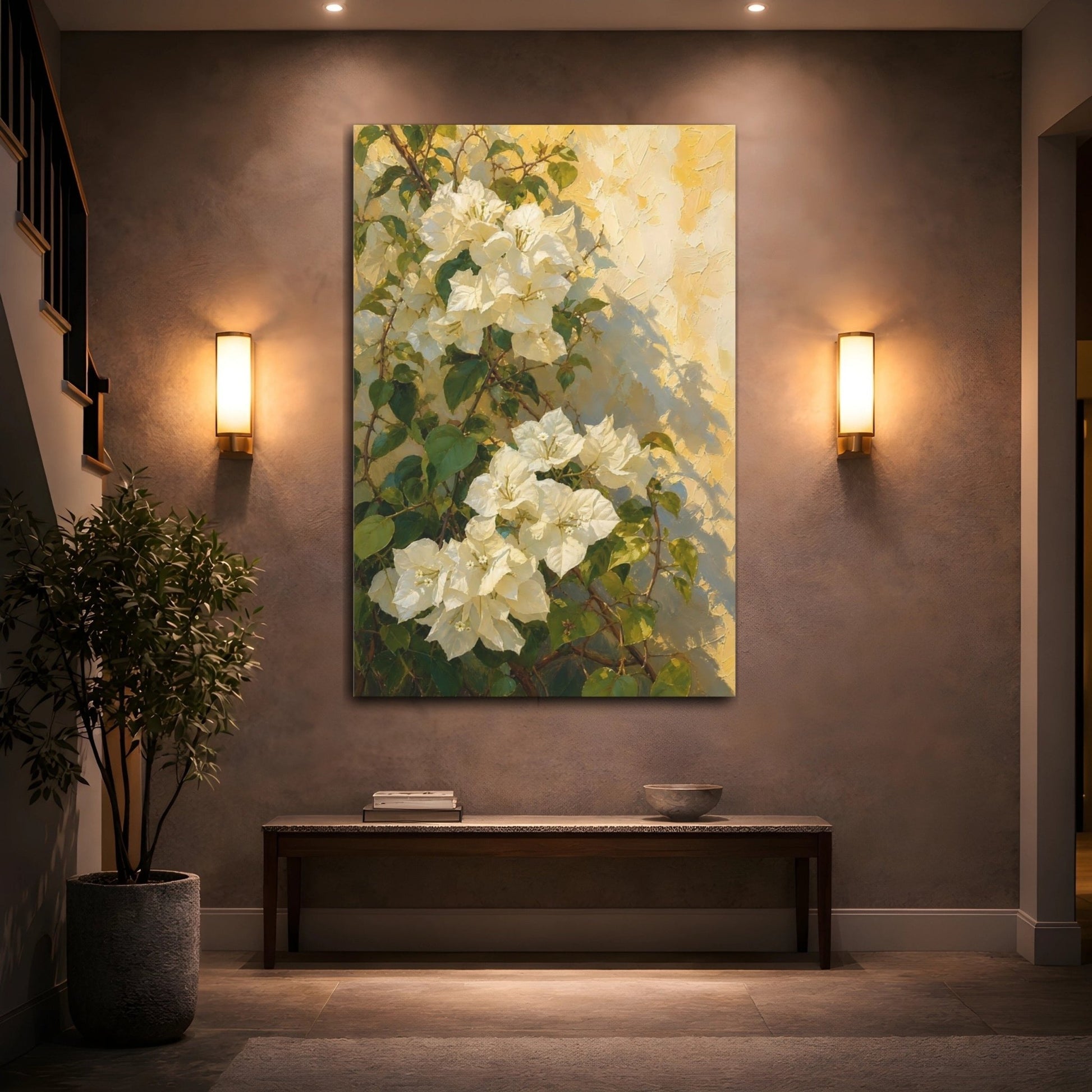 Floral White Bougainvillea And Yellow Canvas Print Wall Art – Impressionistic Living Room, Above Fireplace - YesArtYes