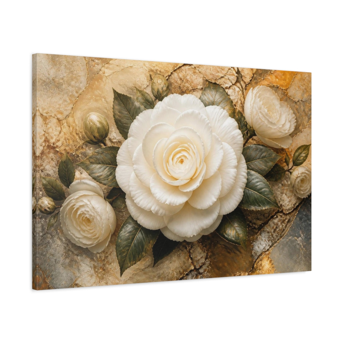 Main Mockup. Floral White Camellia Elegance shown as canvas print